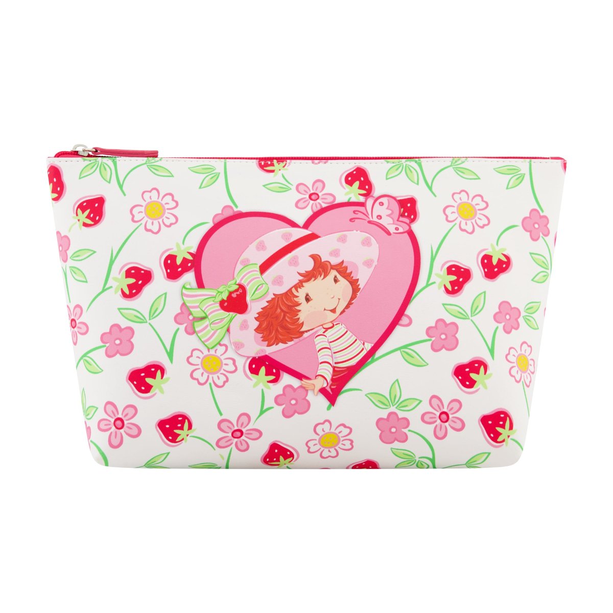 Apricot white floral background heart-shaped design Strawberry Shortcake red zipper and interior trapezoid travel cosmetic bag