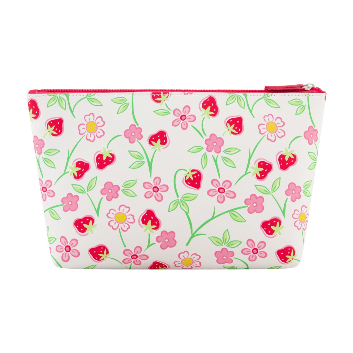 Apricot white floral background heart-shaped design Strawberry Shortcake red zipper and interior trapezoid travel cosmetic bag back view