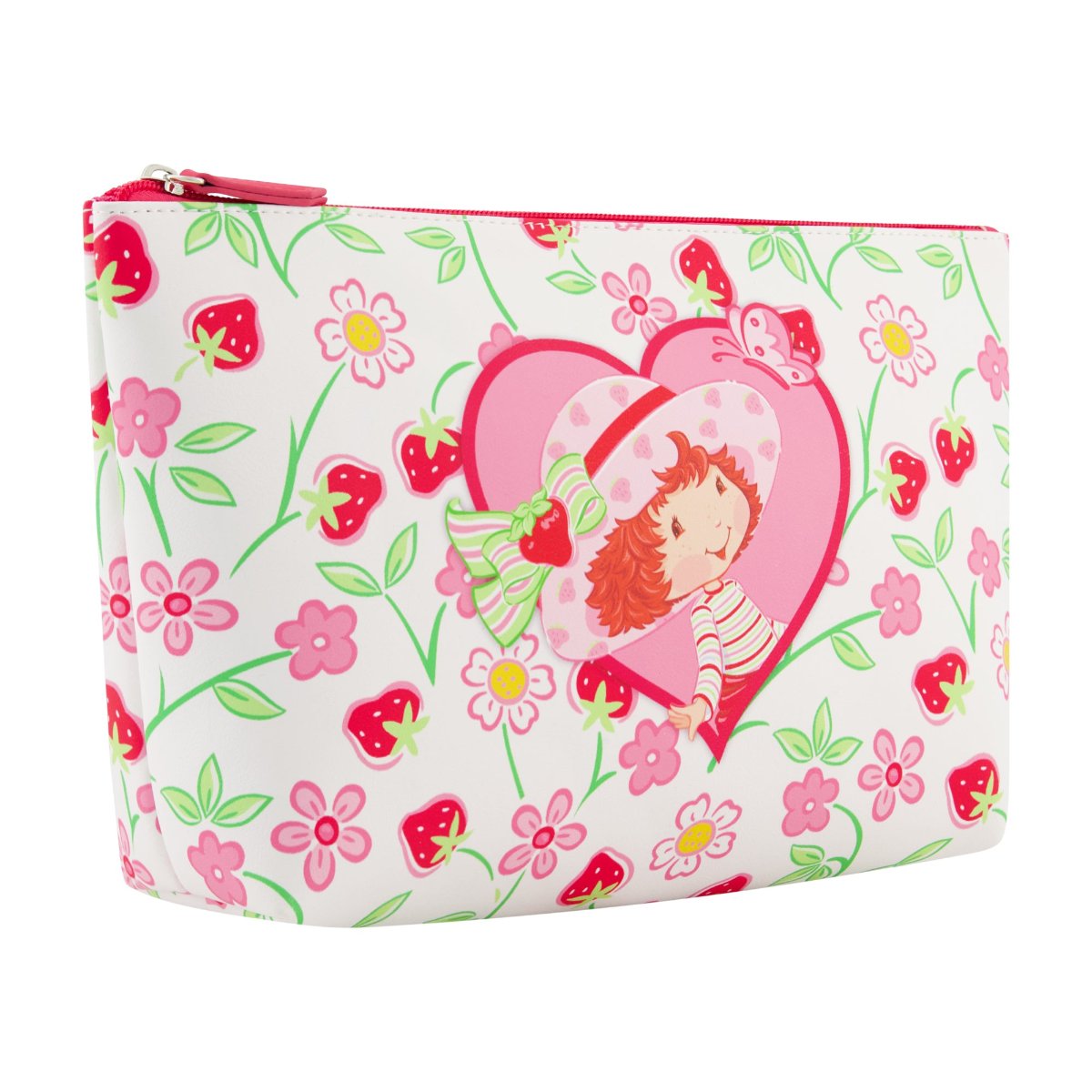 Apricot white floral background heart-shaped design Strawberry Shortcake red zipper and interior trapezoid travel cosmetic bag left angle