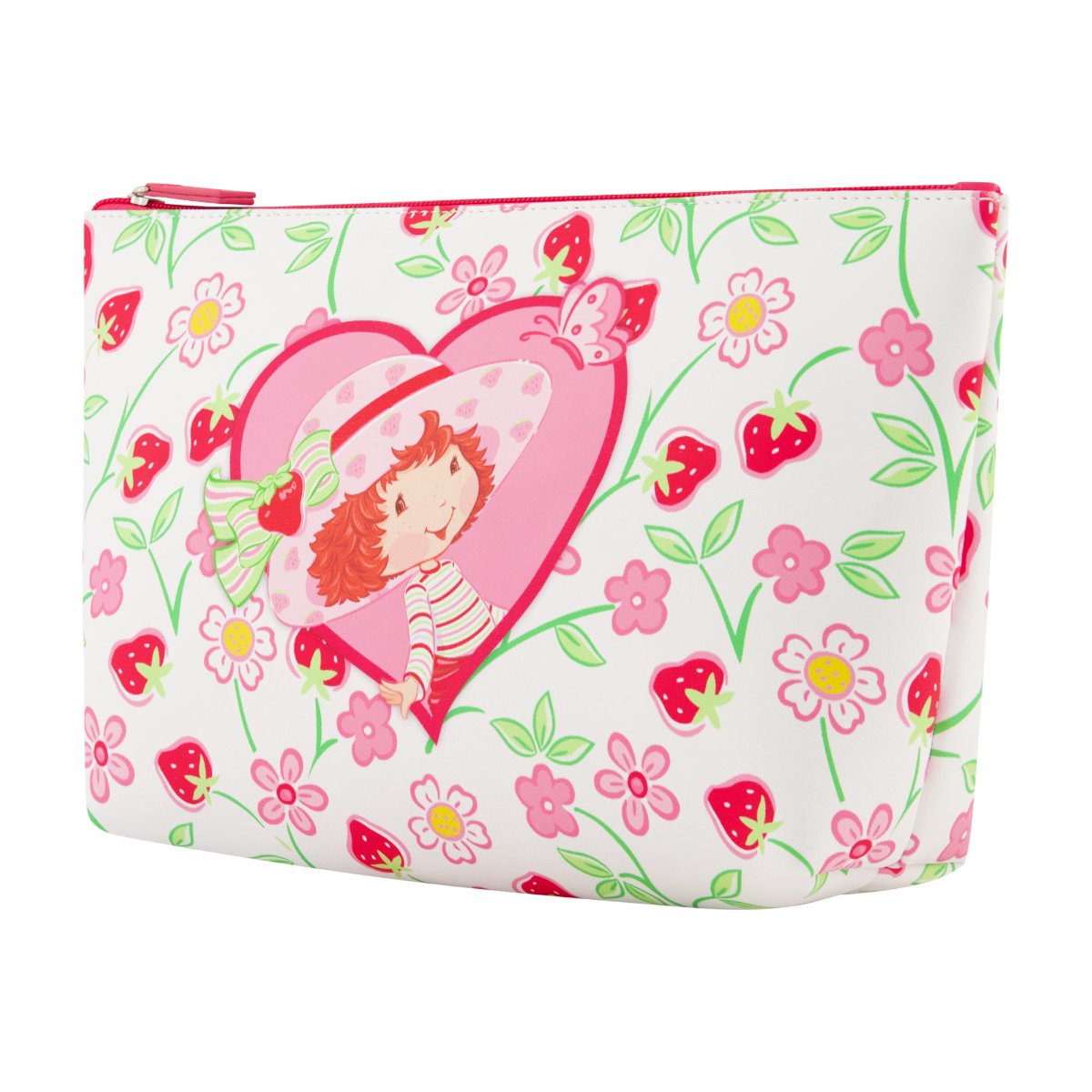 Apricot white floral background heart-shaped design Strawberry Shortcake red zipper and interior trapezoid travel cosmetic bag right angle