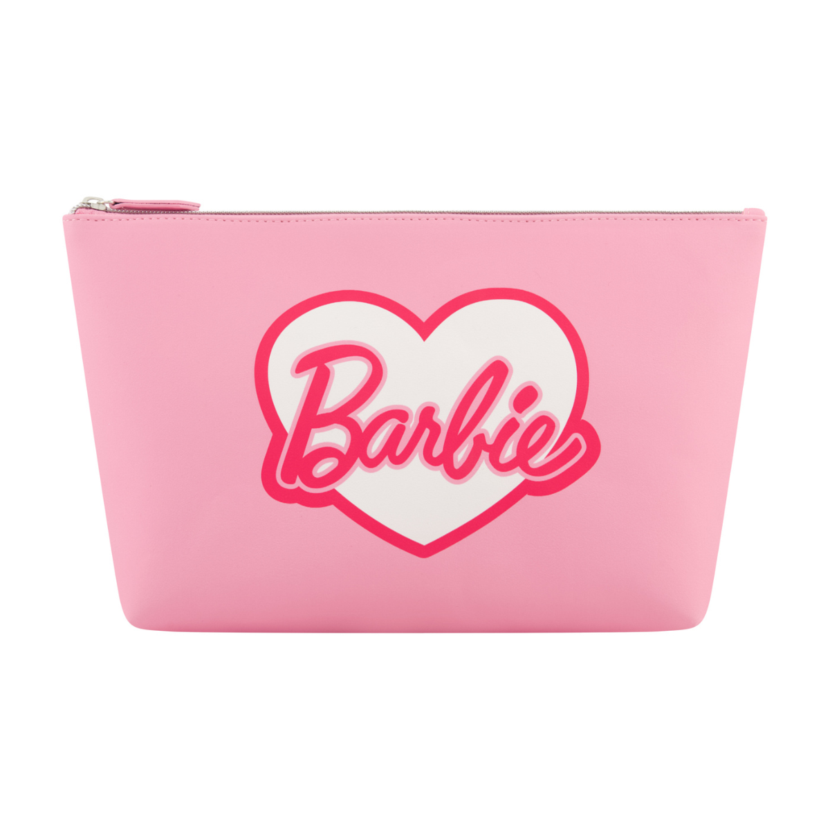 Baby Pink Officially licensed trapezoid-shaped Barbie name bold retro-inspired font heart logo zippered closure opens to a spacious interior cosmetic makeup bag