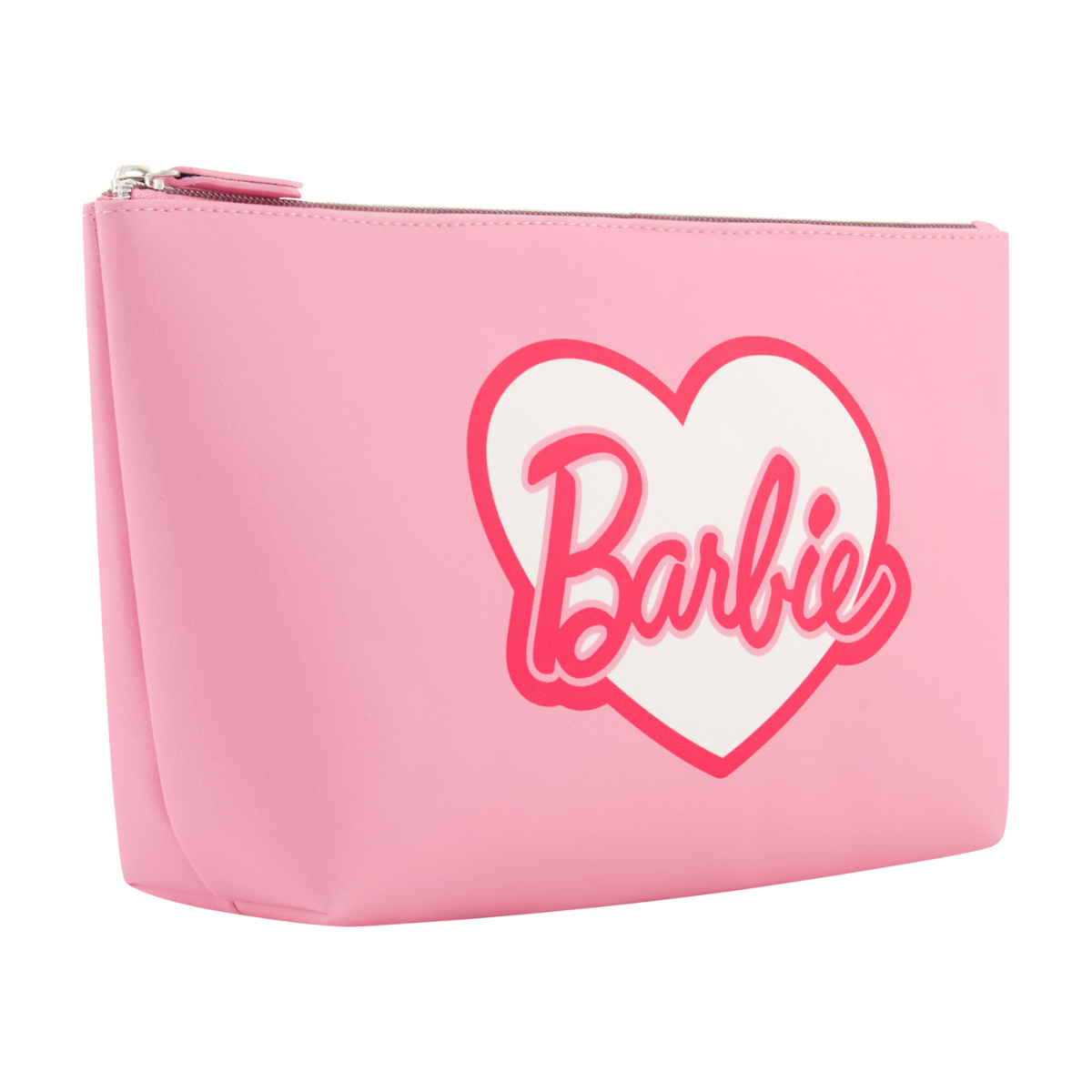 Baby Pink Officially licensed trapezoid-shaped Barbie name bold retro-inspired font heart logo zippered closure opens to a spacious interior cosmetic makeup bag left angle