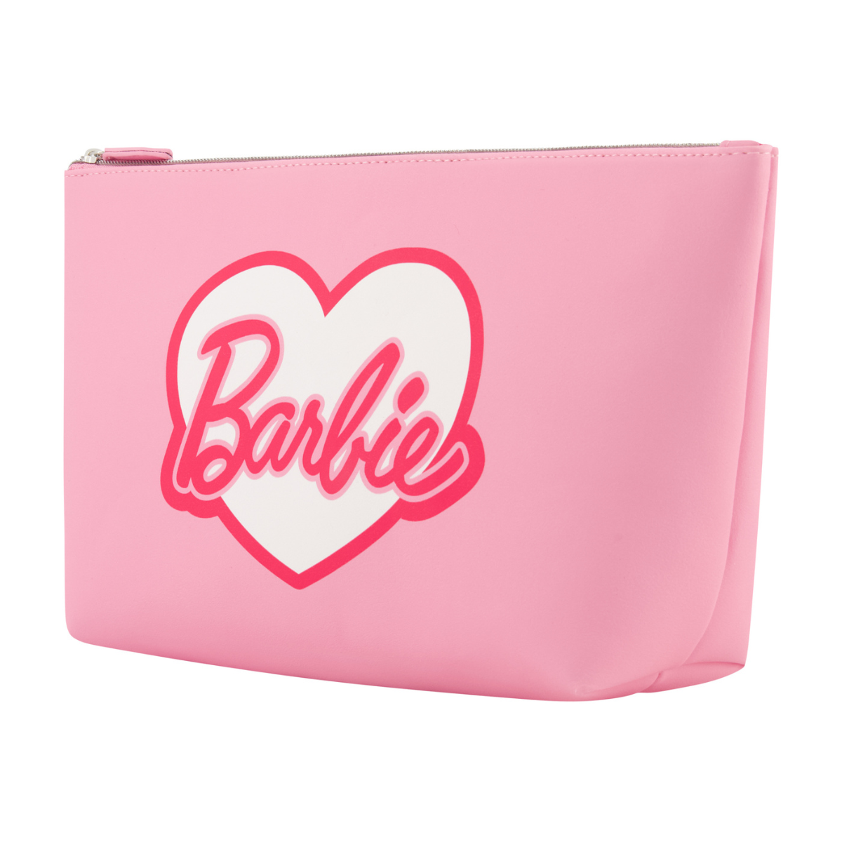 Baby Pink Officially licensed trapezoid-shaped Barbie name bold retro-inspired font heart logo zippered closure opens to a spacious interior cosmetic makeup bag right angle