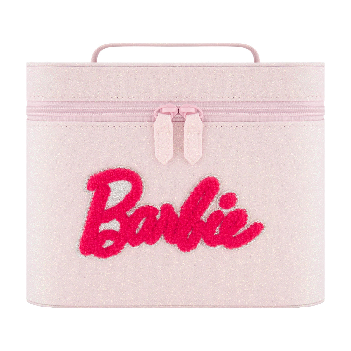 Barbie large cosmetic case organizer! Featuring a glittery light pink exterior and a bold chenille-textured Barbie logo