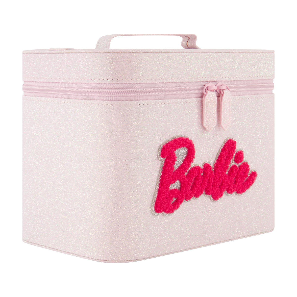 Barbie large cosmetic case organizer! Featuring a glittery light pink exterior and a bold chenille-textured Barbie logo