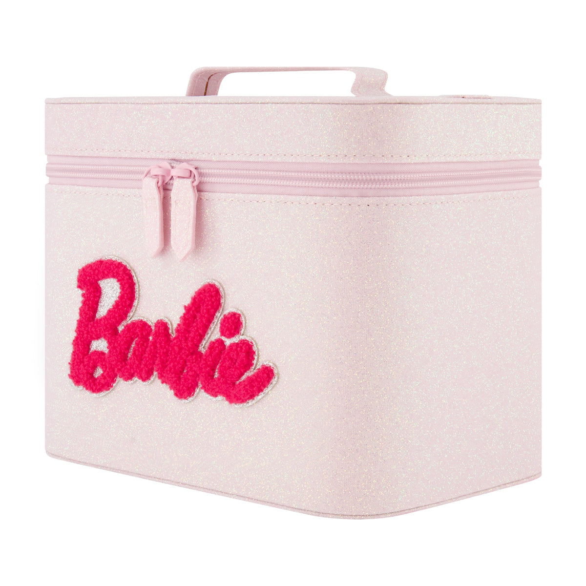 Barbie large cosmetic case organizer! Featuring a glittery light pink exterior and a bold chenille-textured Barbie logo