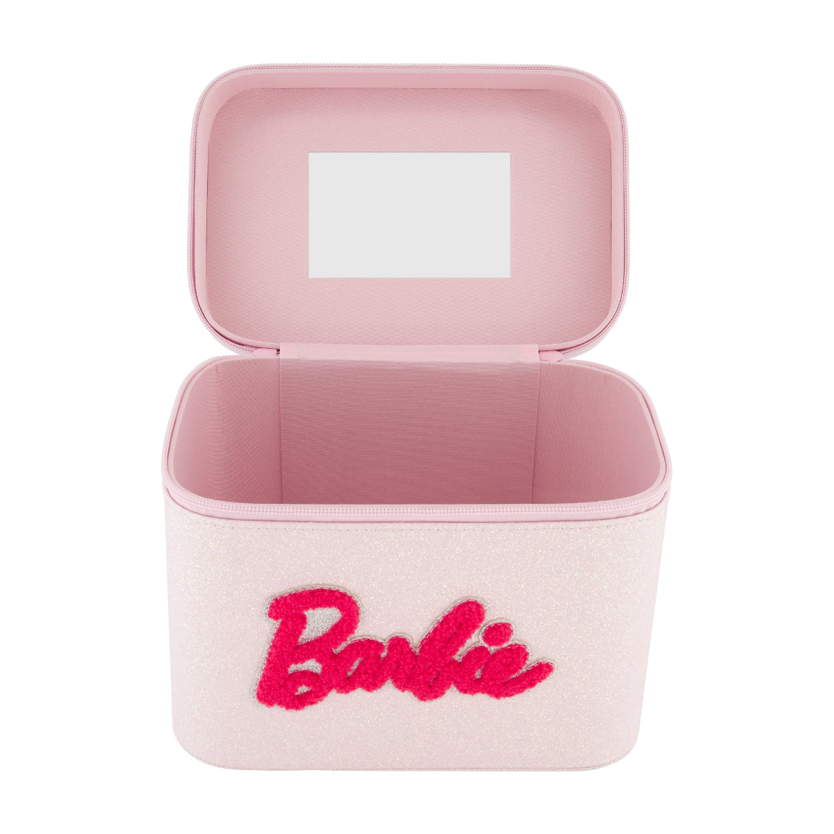Barbie large cosmetic case organizer! Featuring a glittery light pink exterior and a bold chenille-textured Barbie logo