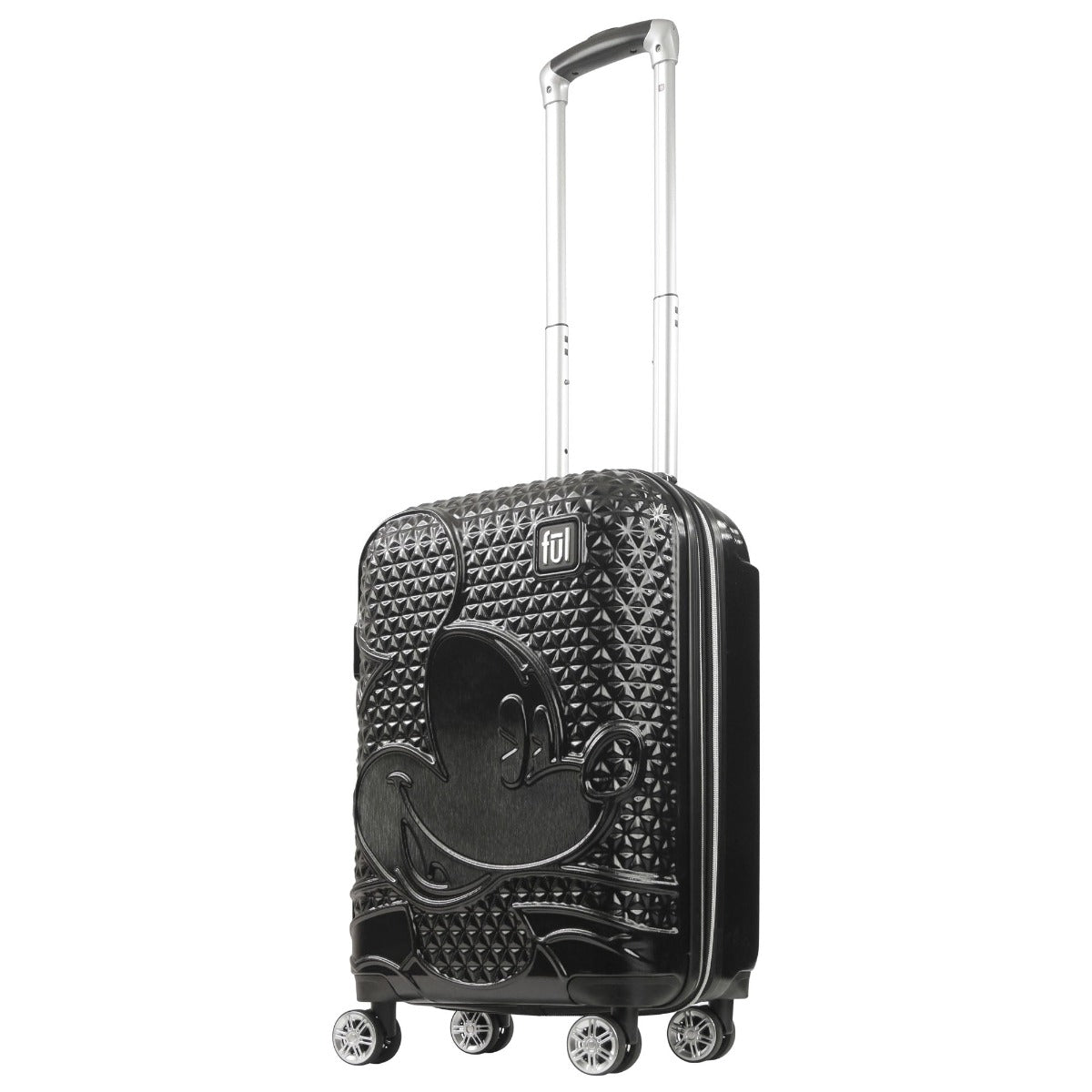 Black Disney Mickey Mouse textured raised shape 22.5" hardside spinner luggage with ID tags - best carry-on suitcase for traveling