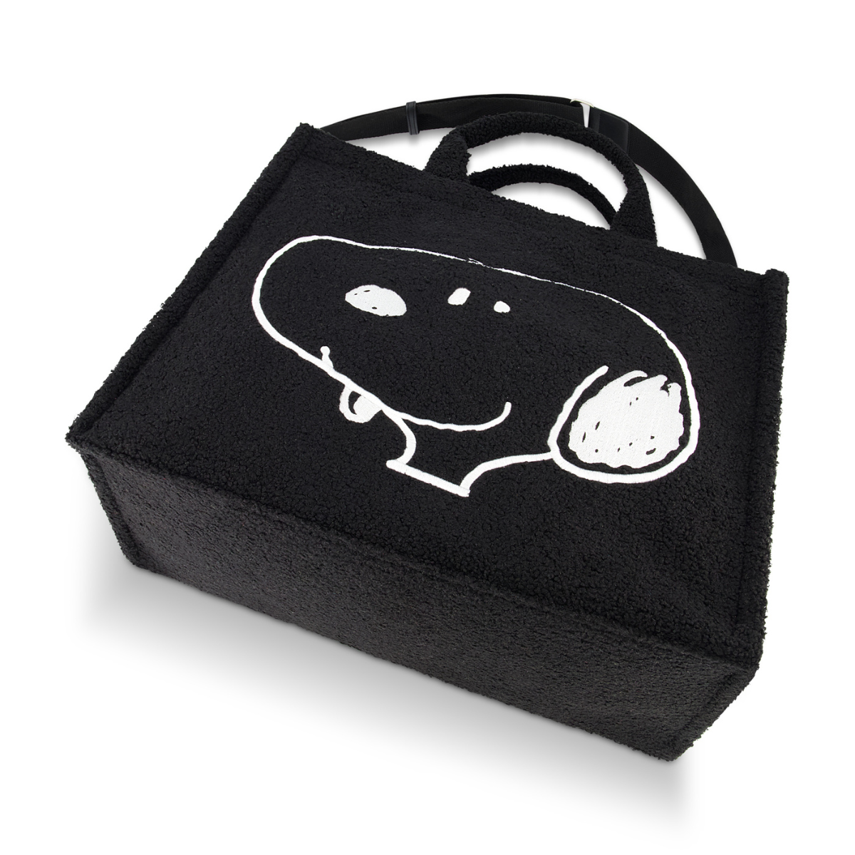 Peanuts Snoopy black tote bag in soft sherpa with trolley strap and adjustable removable shoulder strap - carry-on travel totes
