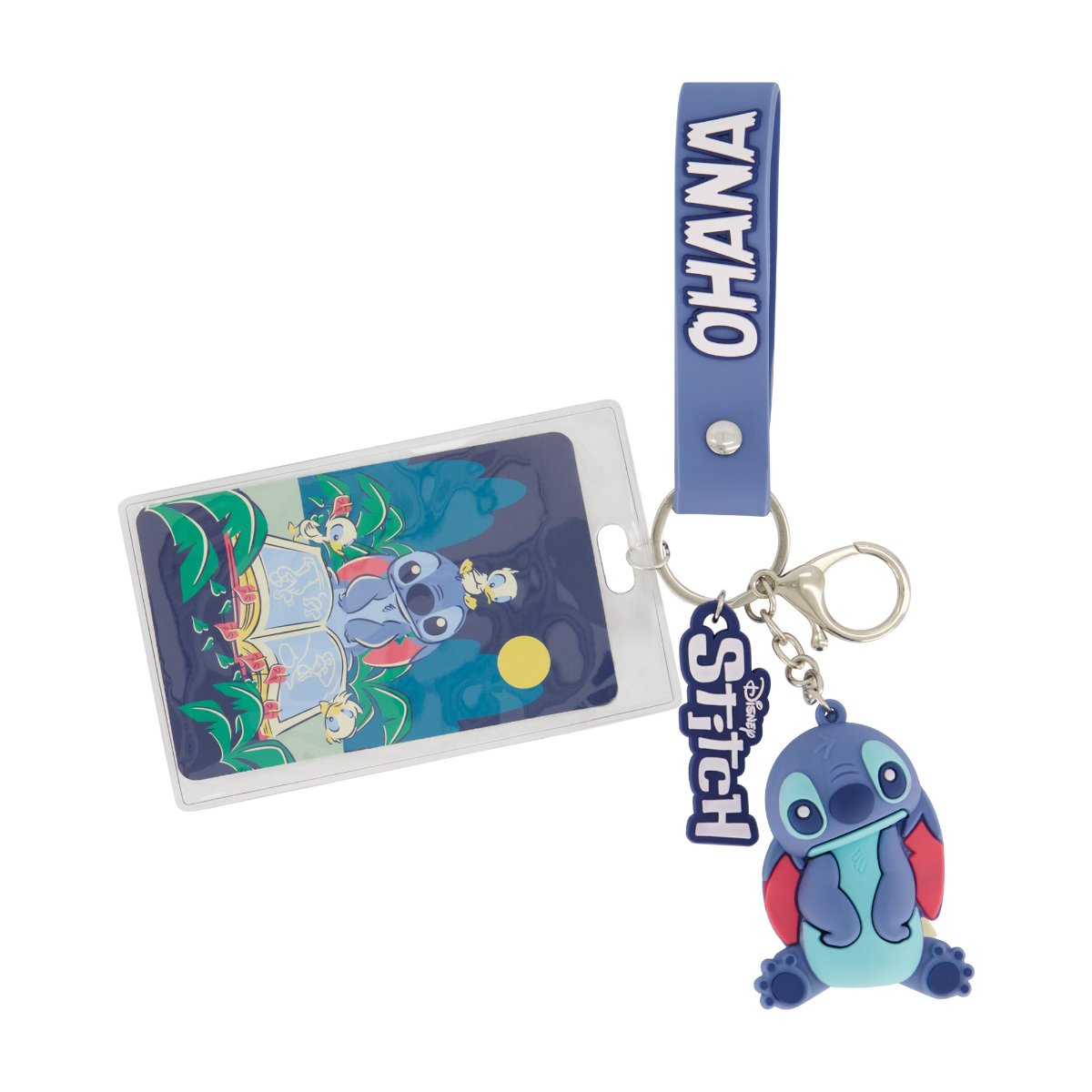 Blue Disney ID Card and Badge Holder Keychain features a charming Stitch figurine, card holder, and an "Ohana" wristlet.