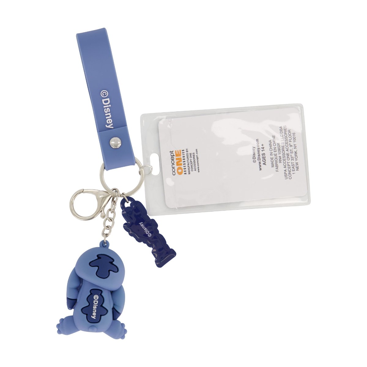 Blue Disney ID Card and Badge Holder Keychain features a charming Stitch figurine, card holder, and an "Ohana" wristlet.