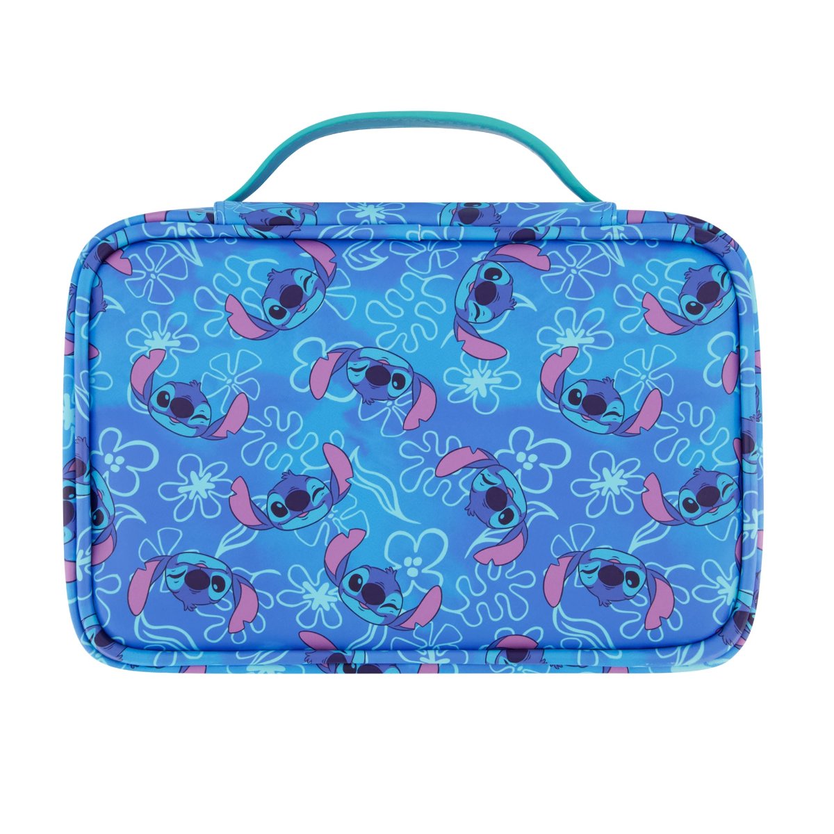 Blue Disney 2-Piece Travel Cosmetic Case Set, featuring the Stitch includes a large cosmetic case and a smaller pouch, both adorned with a playful all-over Stitch print. Both pieces are perfect for keeping your beauty essentials, toiletries, and accessories organized on the go.