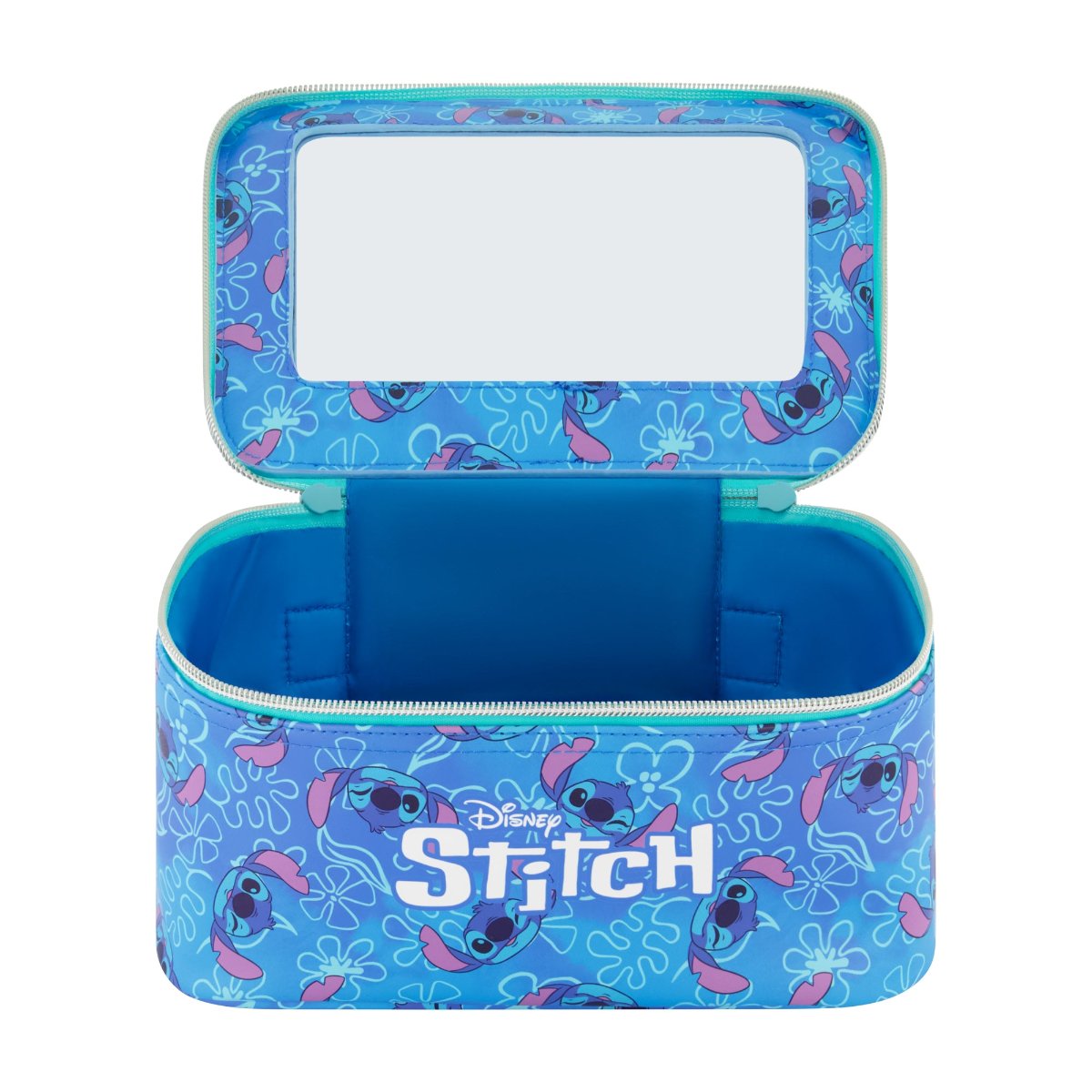 Blue Disney 2-Piece Travel Cosmetic Case Set, featuring the Stitch includes a large cosmetic case and a smaller pouch, both adorned with a playful all-over Stitch print. Both pieces are perfect for keeping your beauty essentials, toiletries, and accessories organized on the go.