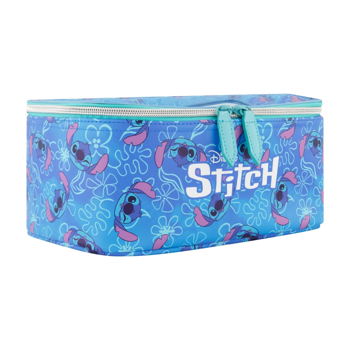 Blue Disney 2-Piece Travel Cosmetic Case Set, featuring the Stitch includes a large cosmetic case and a smaller pouch, both adorned with a playful all-over Stitch print. Both pieces are perfect for keeping your beauty essentials, toiletries, and accessories organized on the go.