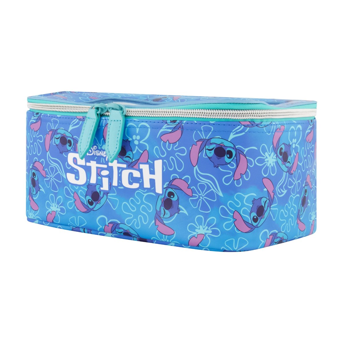 Blue Disney 2-Piece Travel Cosmetic Case Set, featuring the Stitch includes a large cosmetic case and a smaller pouch, both adorned with a playful all-over Stitch print. Both pieces are perfect for keeping your beauty essentials, toiletries, and accessories organized on the go.