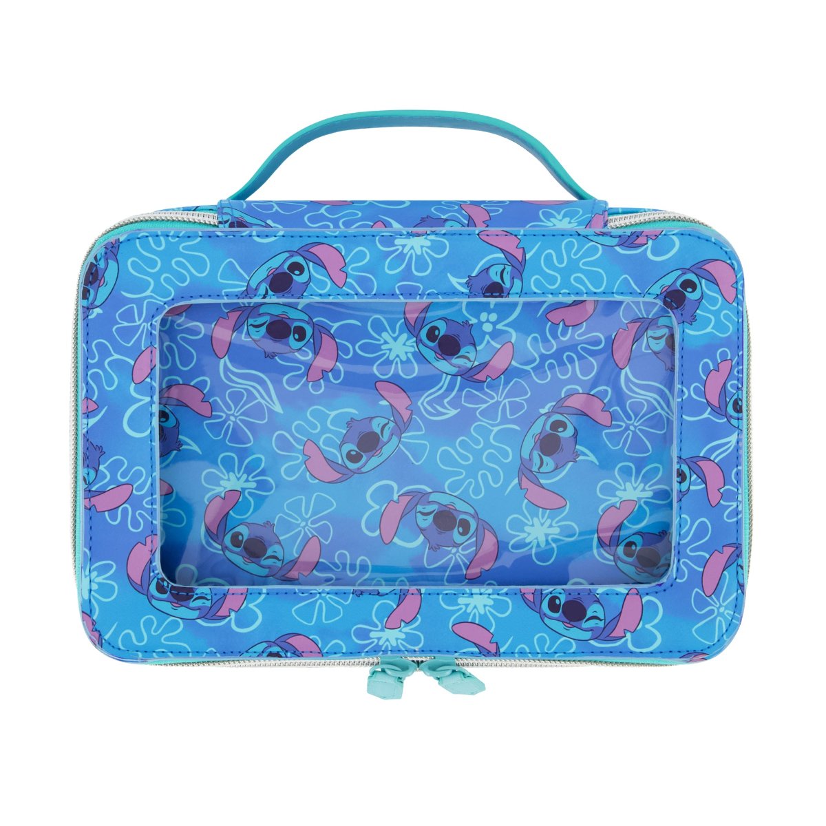 Blue Disney 2-Piece Travel Cosmetic Case Set, featuring the Stitch includes a large cosmetic case and a smaller pouch, both adorned with a playful all-over Stitch print. Both pieces are perfect for keeping your beauty essentials, toiletries, and accessories organized on the go.