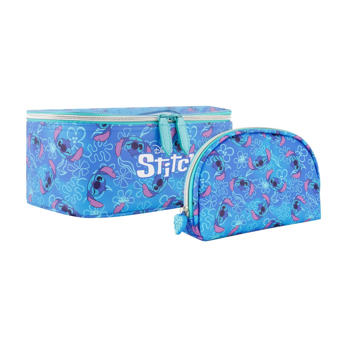 Blue Disney 2-Piece Travel Cosmetic Case Set, featuring the Stitch includes a large cosmetic case and a smaller pouch, both adorned with a playful all-over Stitch print. Both pieces are perfect for keeping your beauty essentials, toiletries, and accessories organized on the go.