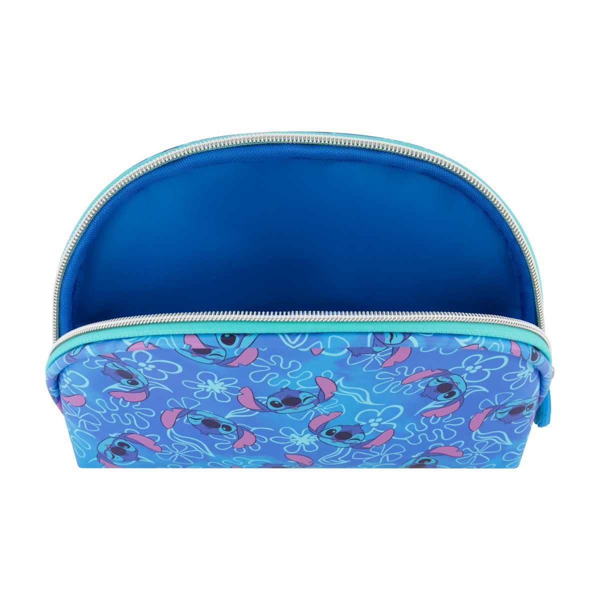 Blue Disney 2-Piece Travel Cosmetic Case Set, featuring the Stitch includes a large cosmetic case and a smaller pouch, both adorned with a playful all-over Stitch print. Both pieces are perfect for keeping your beauty essentials, toiletries, and accessories organized on the go.