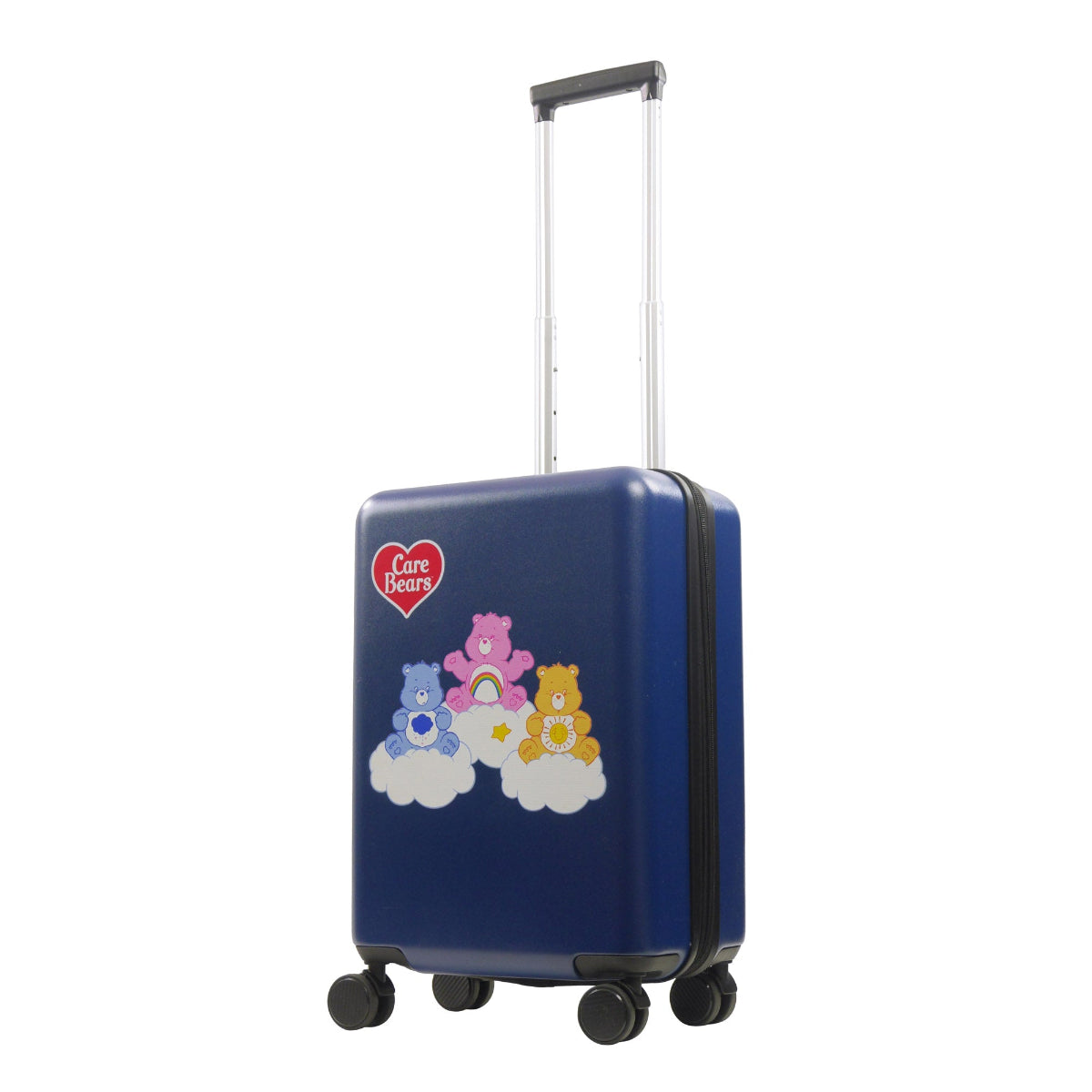 Care Bears 22.5" blue carry-on luggage spinner suitcase, showcasing the beloved Cheer Bear, Funshine Bear, and Grumpy Bear sitting atop floating clouds.