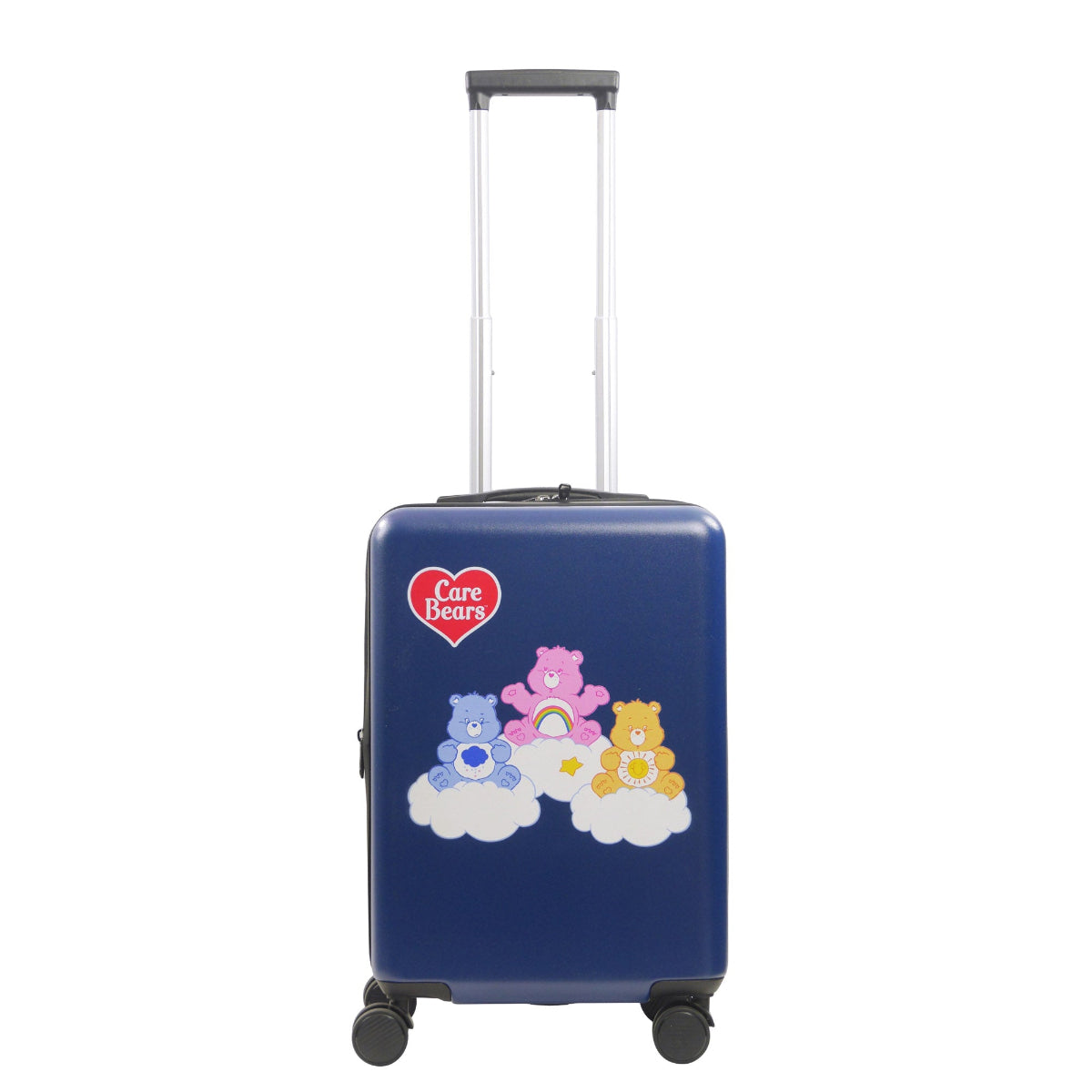 Care Bears 22.5" blue carry-on luggage spinner suitcase, showcasing the beloved Cheer Bear, Funshine Bear, and Grumpy Bear sitting atop floating clouds.