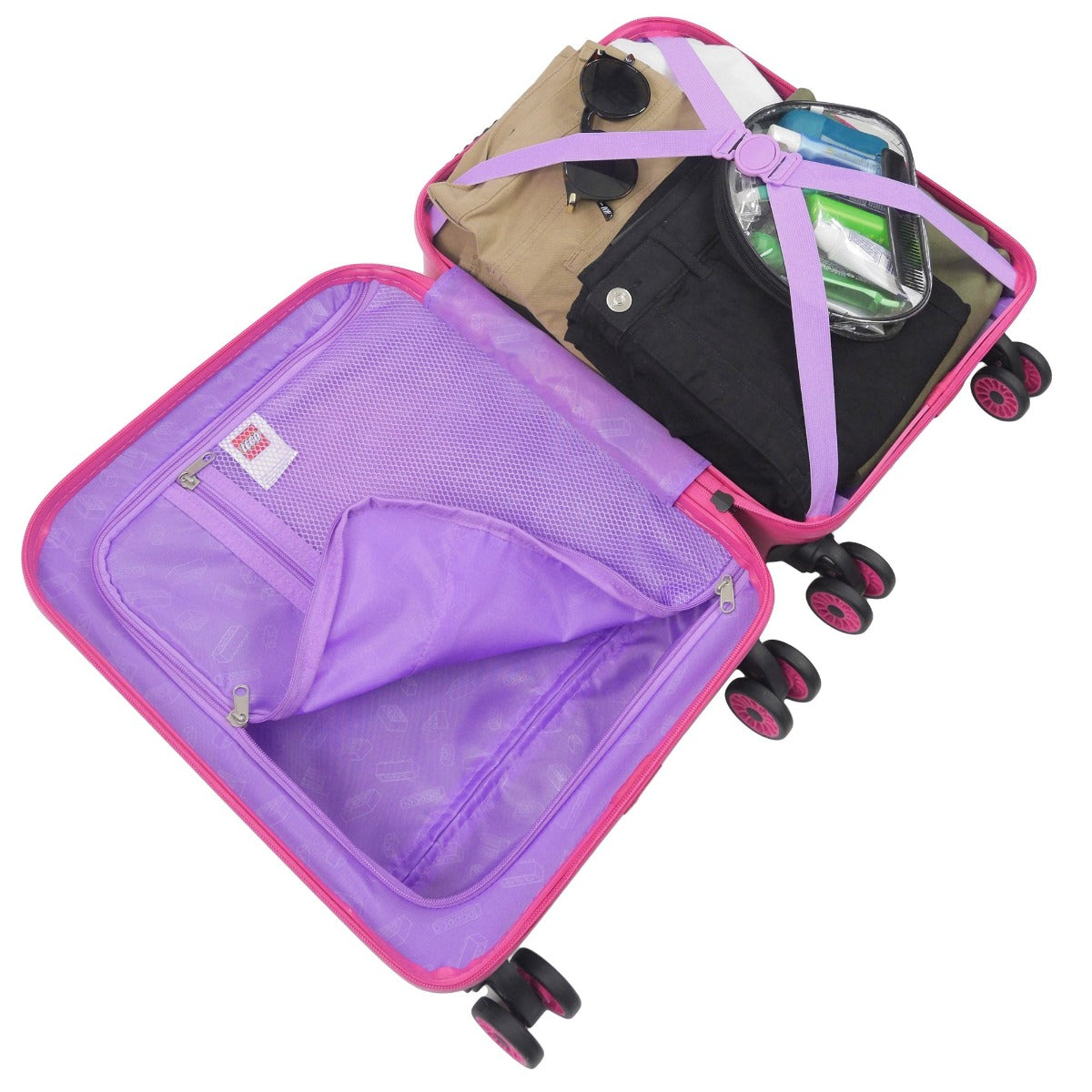 Pink Lego Play Date Hey Minifigures 18-inch luggage - best kids carry-on hard-sided spinner suitcase for traveling
