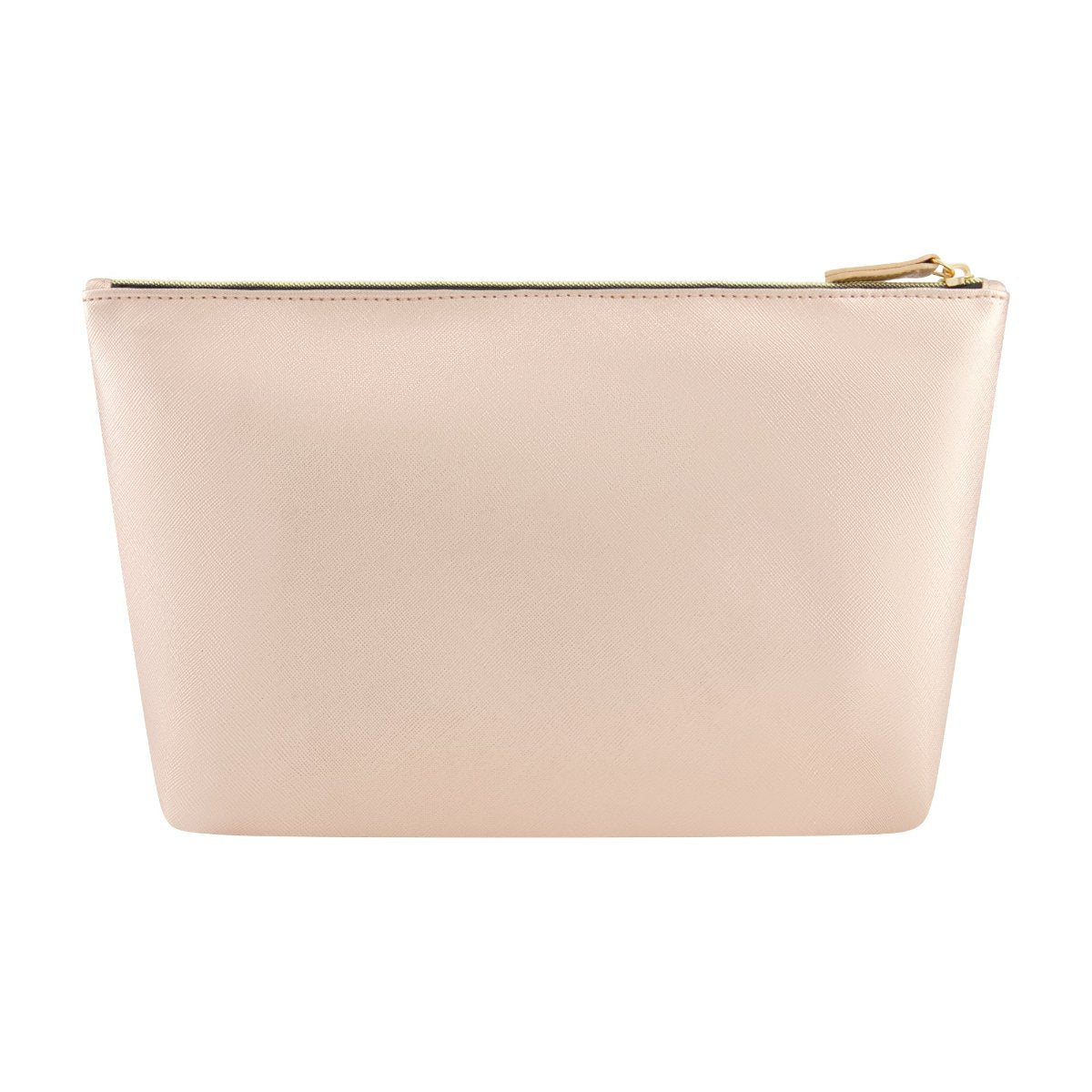 Chic Rose gold Mickey and Minnie heart graphic, spacious, zippered Trapezoid Cosmetic Bag back view. Officially licensed Disney.