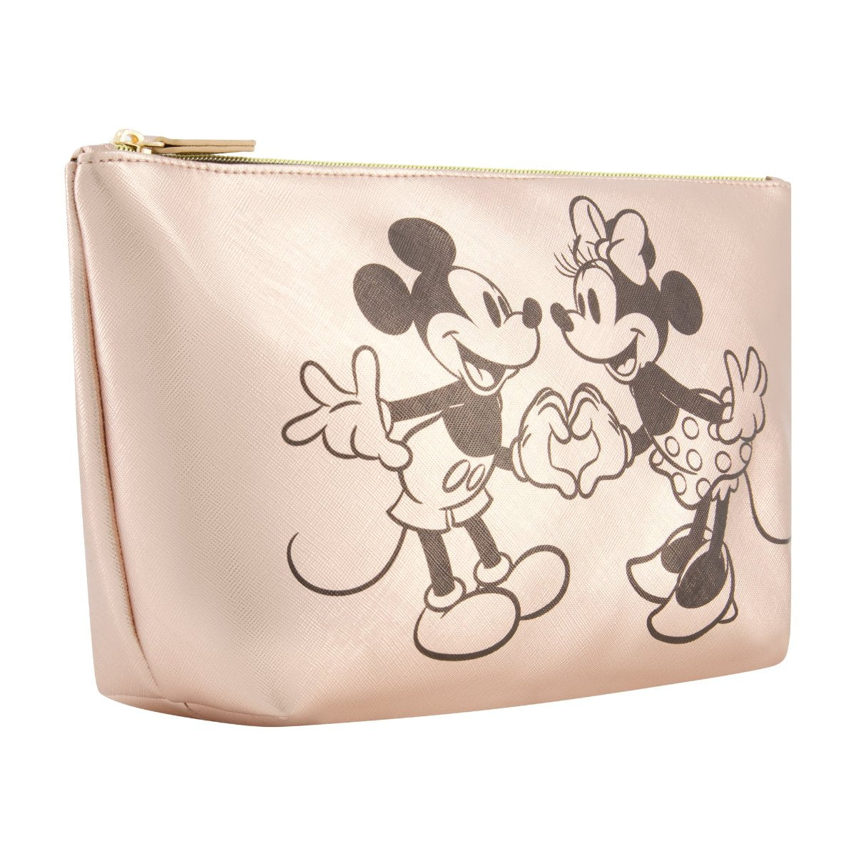 Chic Rose gold Mickey and Minnie heart graphic, spacious, zippered Trapezoid Cosmetic Bag left angle. Officially licensed Disney.