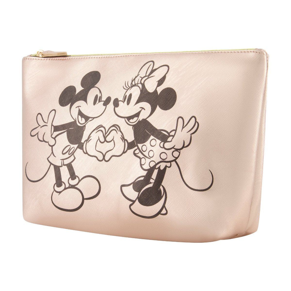 Chic Rose gold Mickey and Minnie heart graphic, spacious, zippered Trapezoid Cosmetic Bag right angle. Officially licensed Disney.