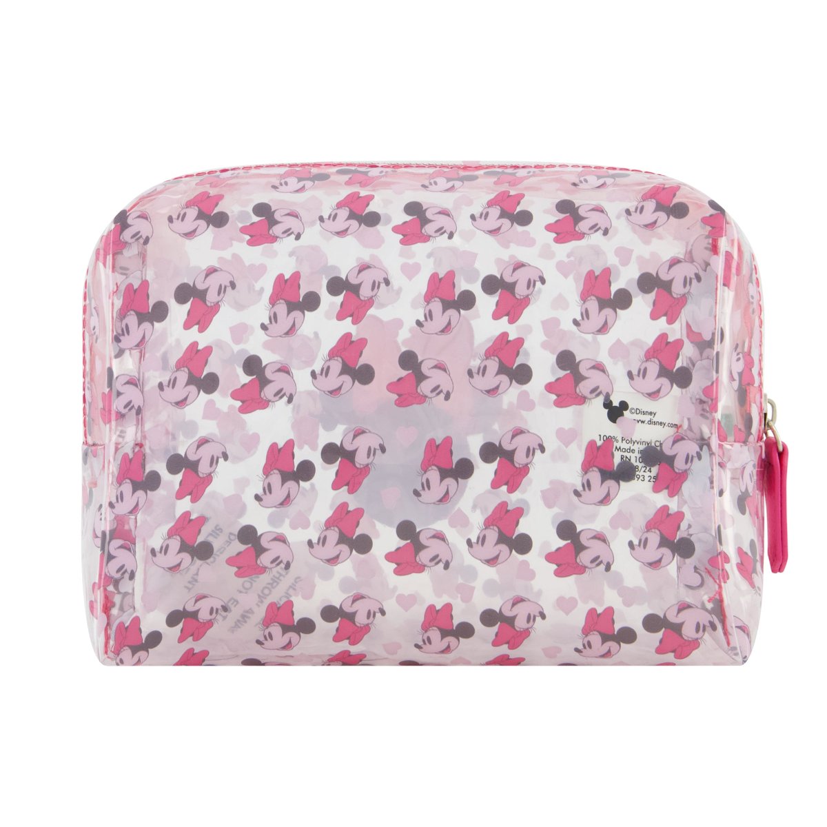 Clear Pink Rectangular Minnie Mouse logo all over Zip Closure Silver hardware 4.5 by 7 inches officially licensed Disney travel cosmetic bag