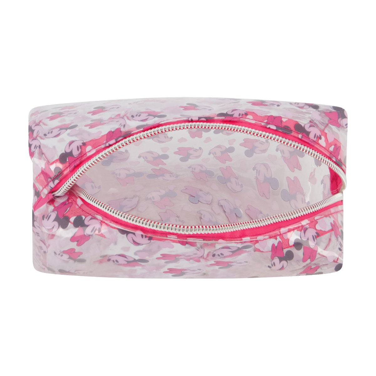 Clear Pink Rectangular Minnie Mouse logo all over Zip Closure Silver hardware 4.5 by 7 inches officially licensed Disney travel cosmetic bag inside capacity