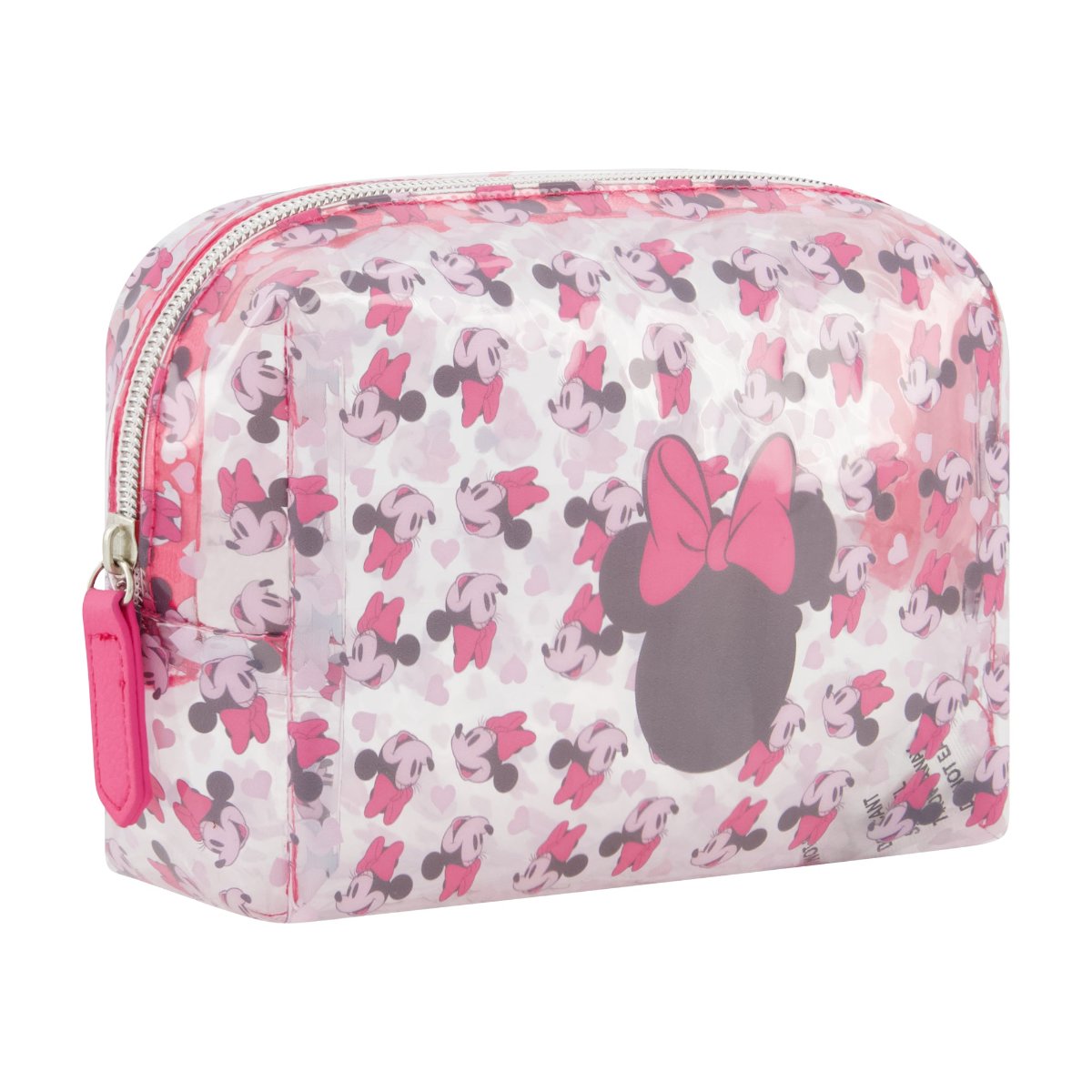 Clear Pink Rectangular Minnie Mouse logo all over Zip Closure Silver hardware 4.5 by 7 inches officially licensed Disney travel cosmetic bag left zipper