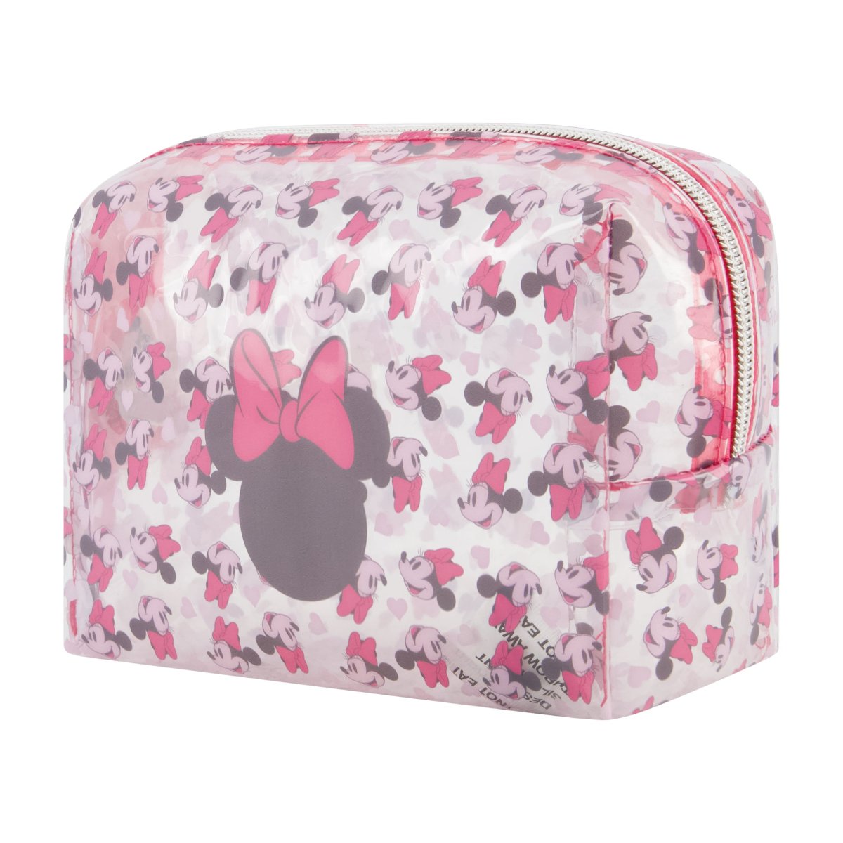 Clear Pink Rectangular Minnie Mouse logo all over Zip Closure Silver hardware 4.5 by 7 inches officially licensed Disney travel cosmetic bag right angle