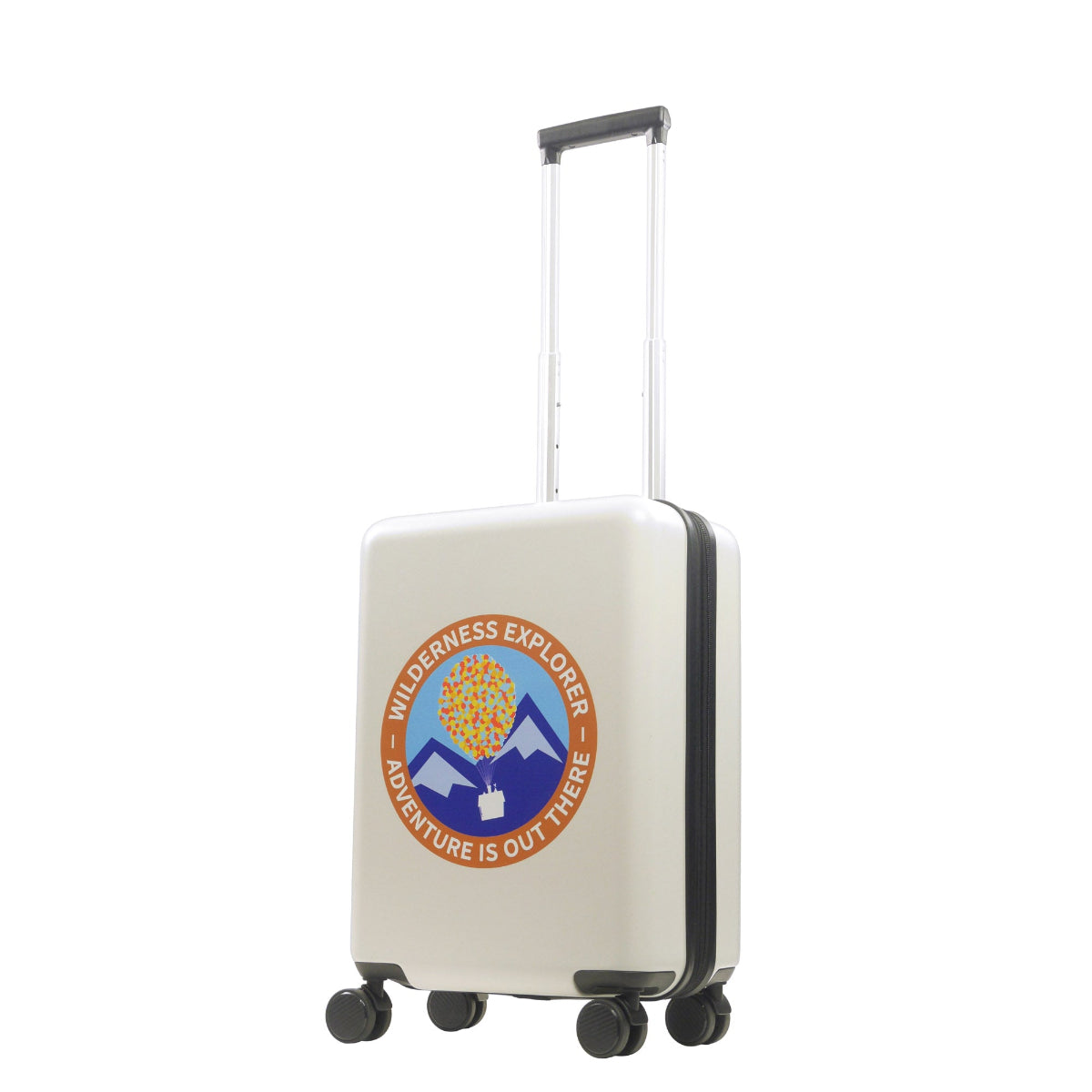 Officially licensed Disney Up 22.5" white carry-on suitcase illustrates the iconic house floating with balloons from the beloved Disney Pixar film Up.