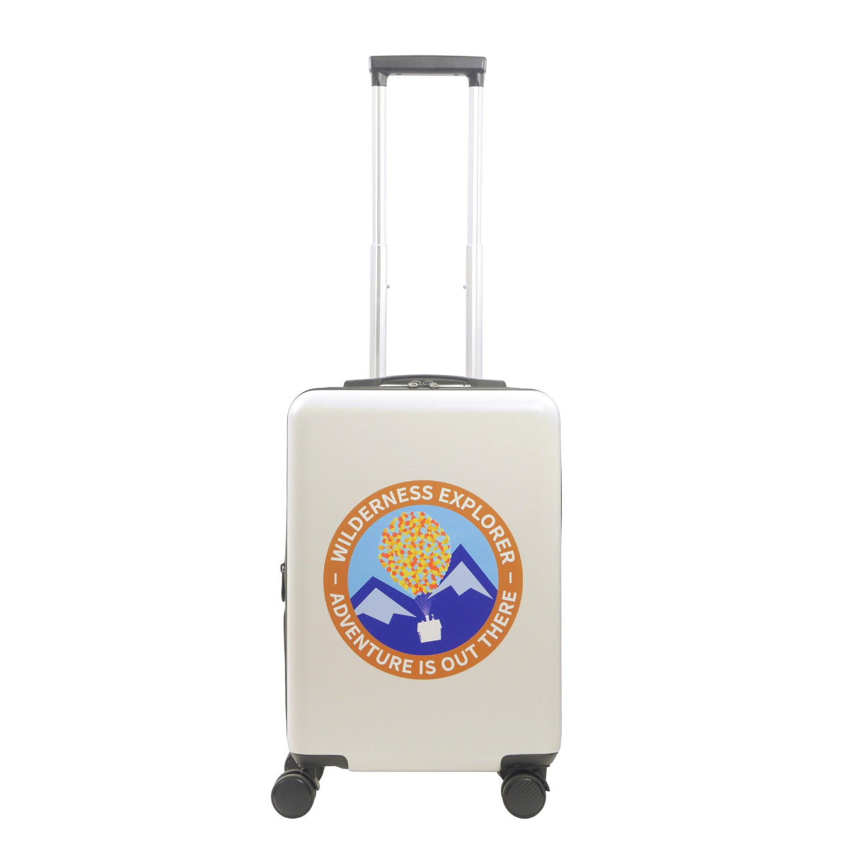Officially licensed Disney Up 22.5" white carry-on suitcase illustrates the iconic house floating with balloons from the beloved Disney Pixar film Up.