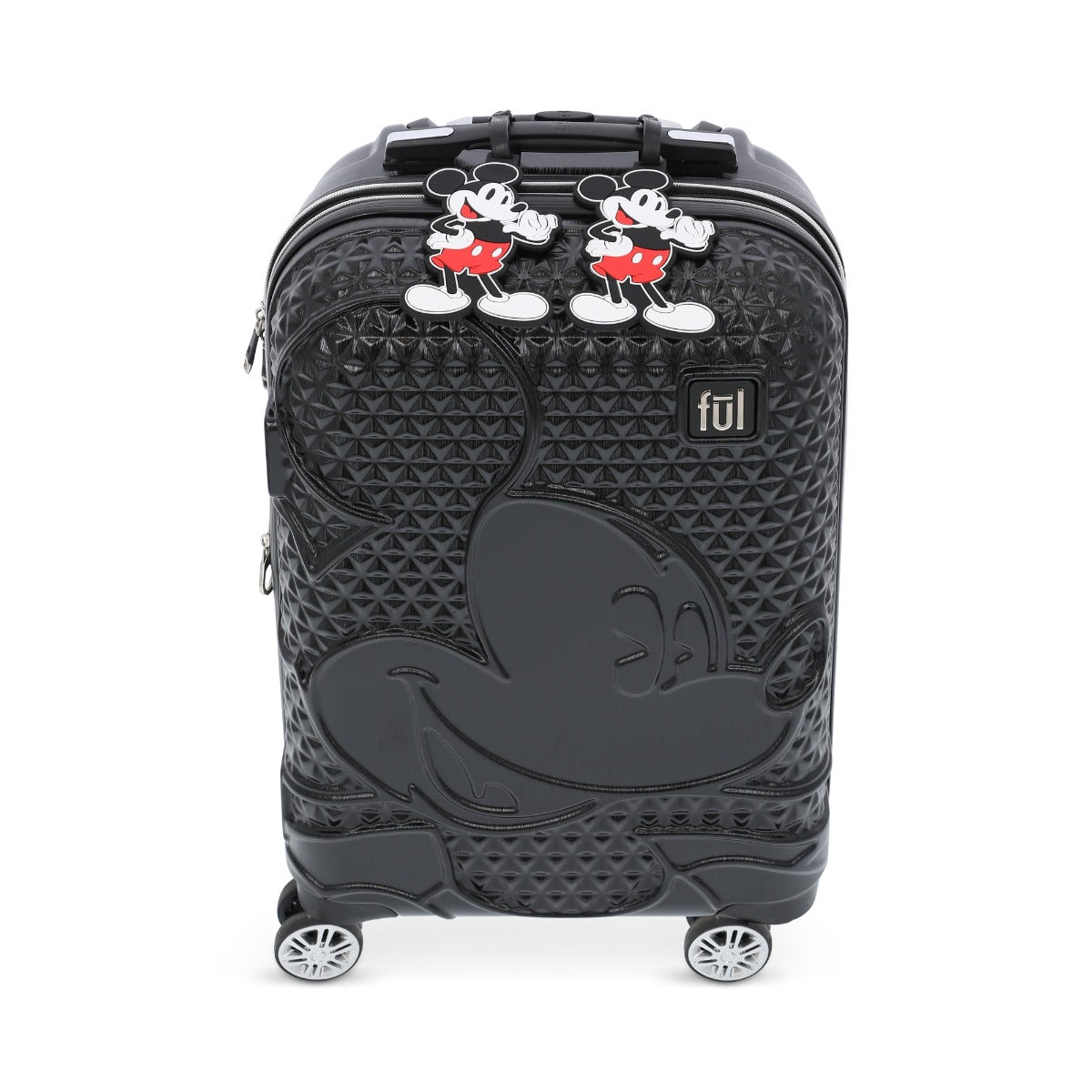 Black Disney Mickey Mouse textured raised shape 22.5" carry-on hardside spinner suitcase luggage with ID tags