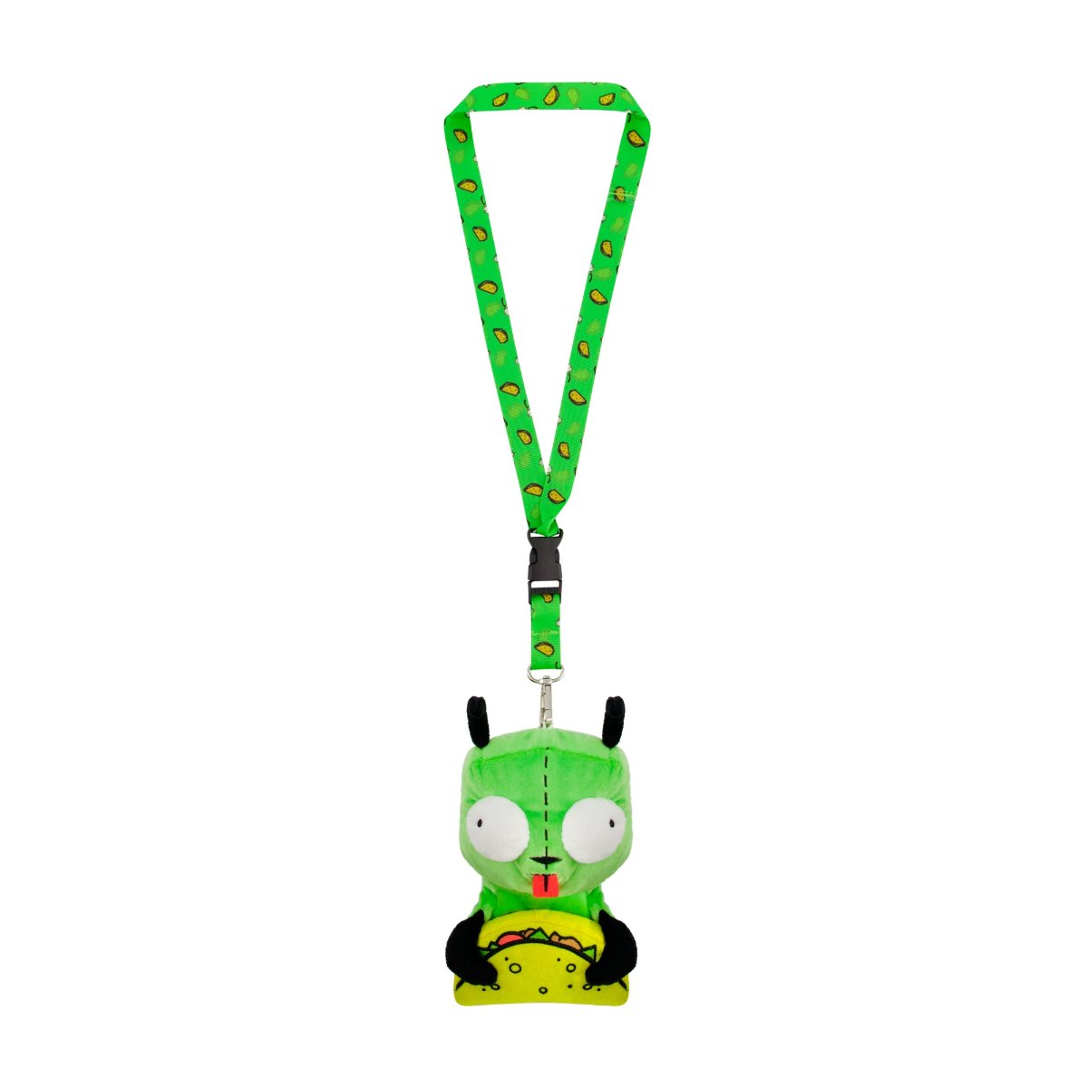 Green adorable Invader Zim Plush Lanyard featuring quirky sidekick GIR holding a taco. Perfect for fans who want to showcase their passion while staying organized!