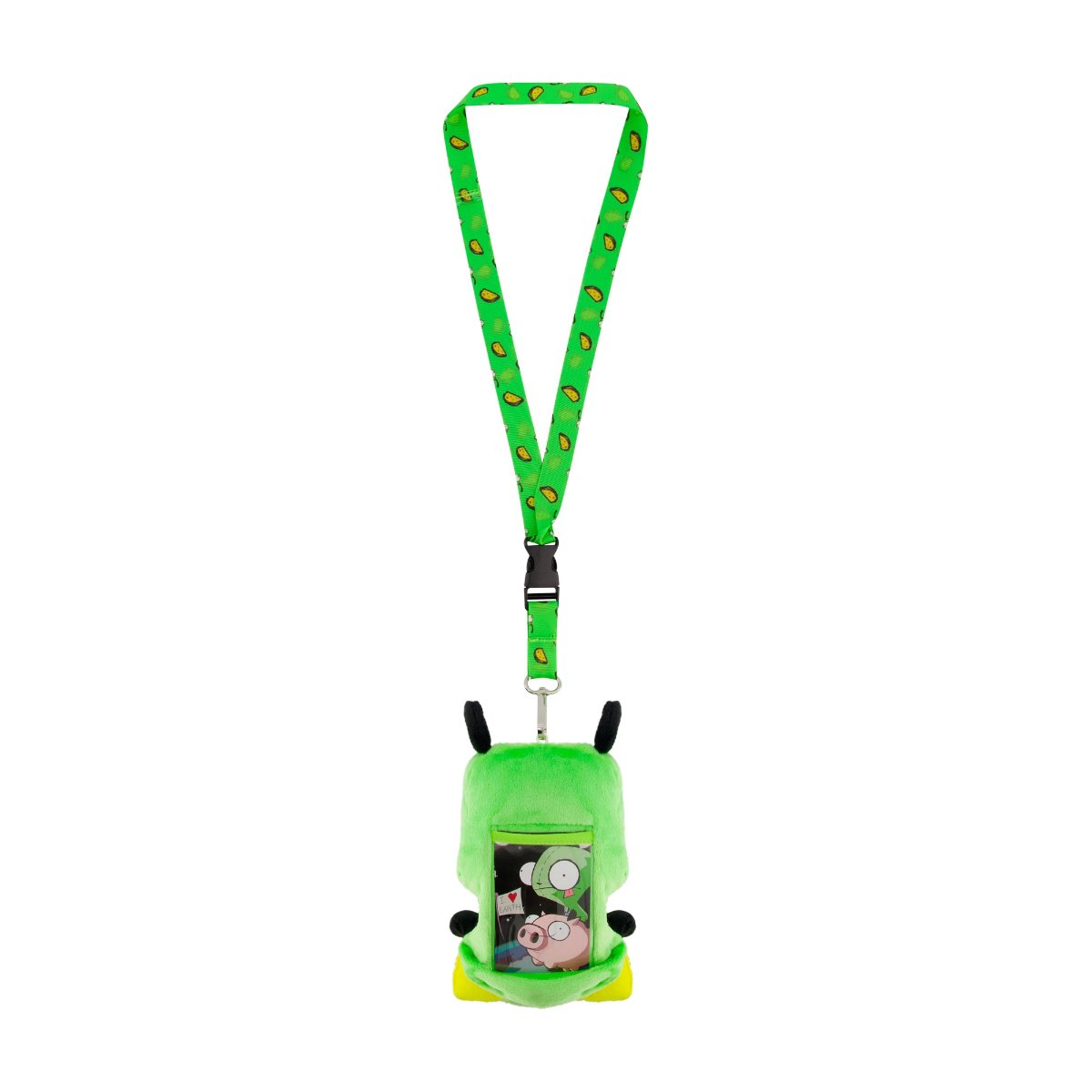 Green adorable Invader Zim Plush Lanyard featuring quirky sidekick GIR holding a taco. Perfect for fans who want to showcase their passion while staying organized!