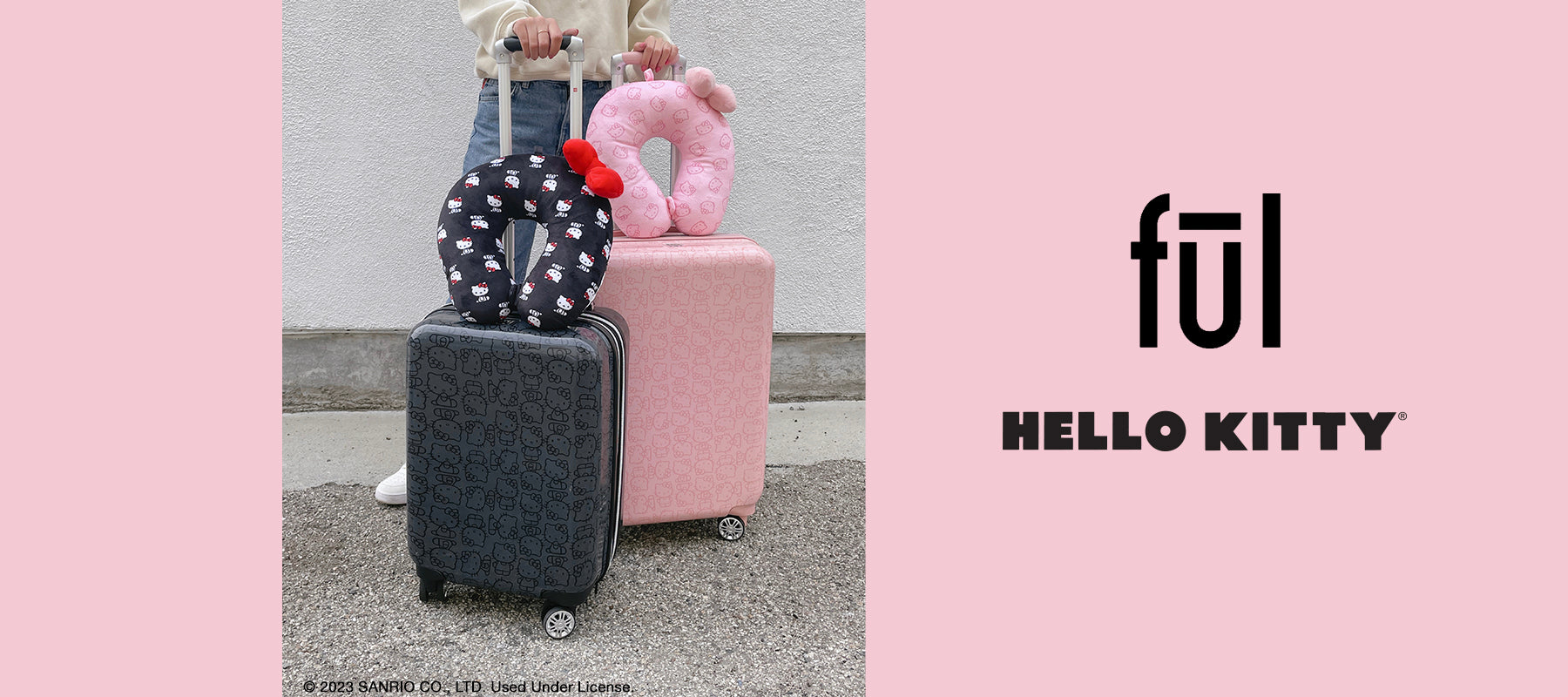 Ful Hello Kitty 2023 Launch Black Pink All Over Icons 25 inch 29 inch checked luggage suitcase travel neck pillows desktop banner