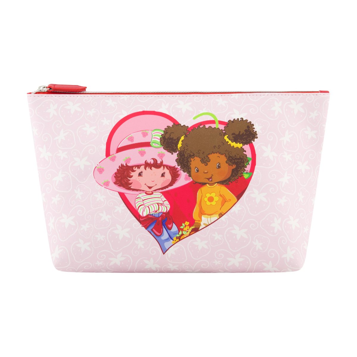 Light pink background heart-shaped design Strawberry Shortcake and Orange Blossom red zipper and interior trapezoid travel cosmetic bag
