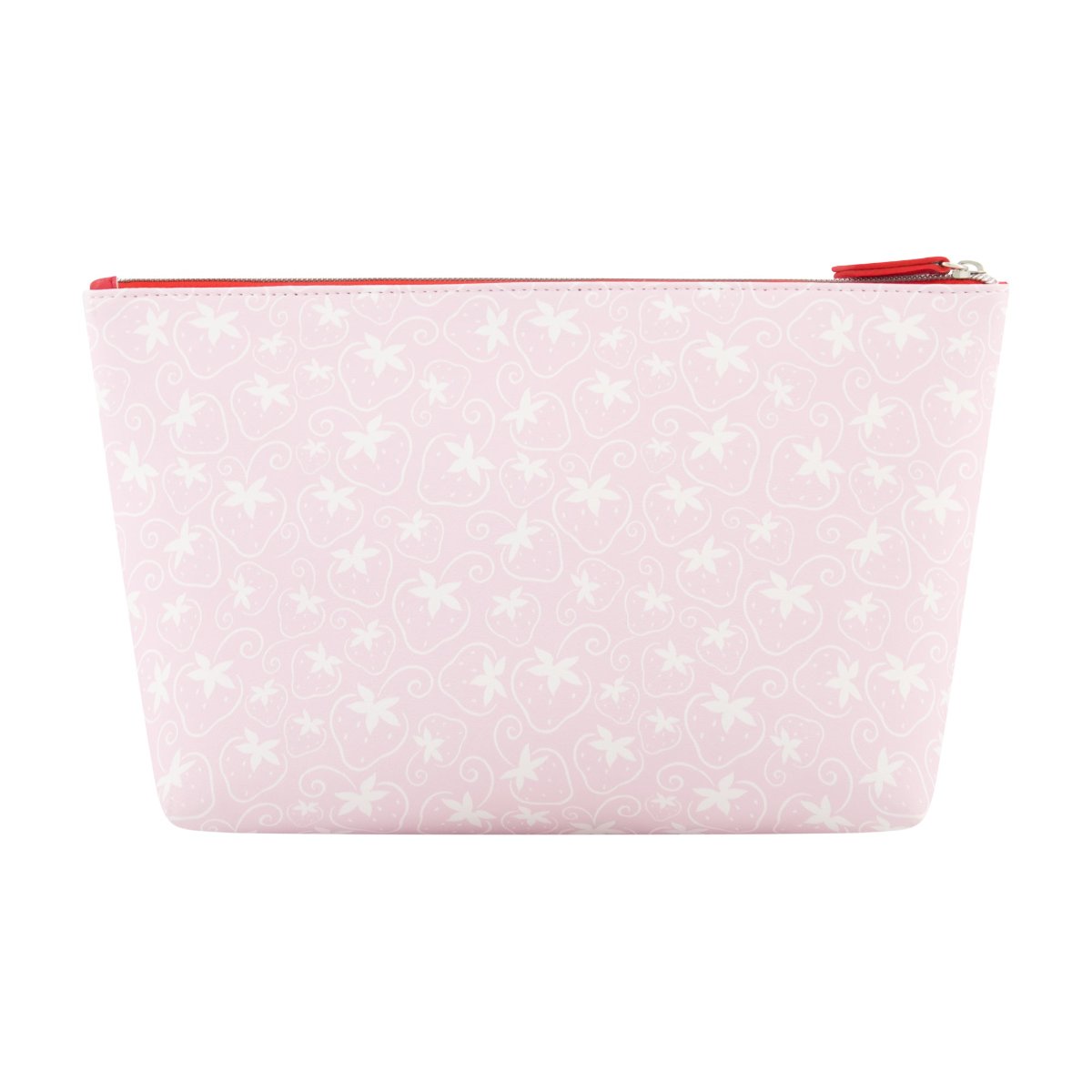 Light pink background heart-shaped design Strawberry Shortcake and Orange Blossom red zipper and interior trapezoid travel cosmetic bag back view