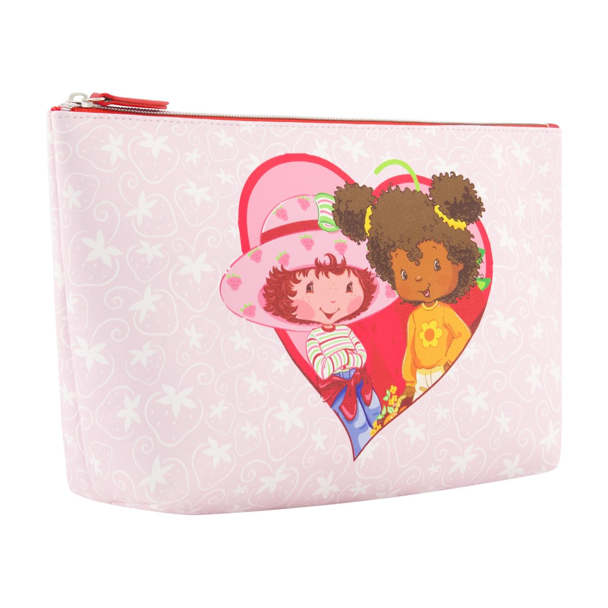 Light pink background heart-shaped design Strawberry Shortcake and Orange Blossom red zipper and interior trapezoid travel cosmetic bag left angle