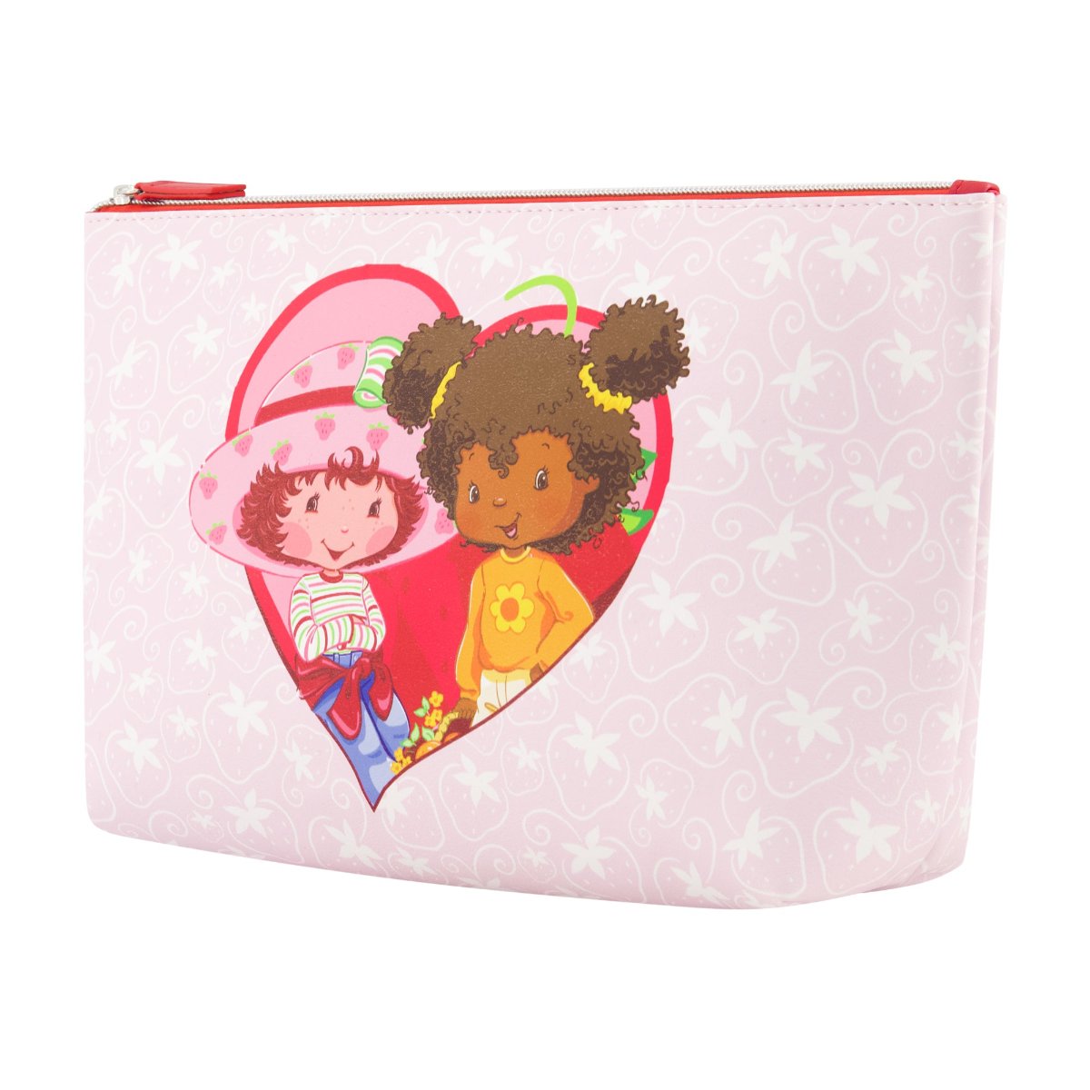 Light pink background heart-shaped design Strawberry Shortcake and Orange Blossom red zipper and interior trapezoid travel cosmetic bag right angle