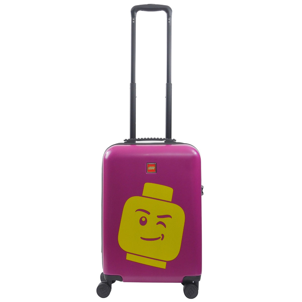 Pink Lego Colourbox Mini-figure Head 23" carry-on spinner suitcase