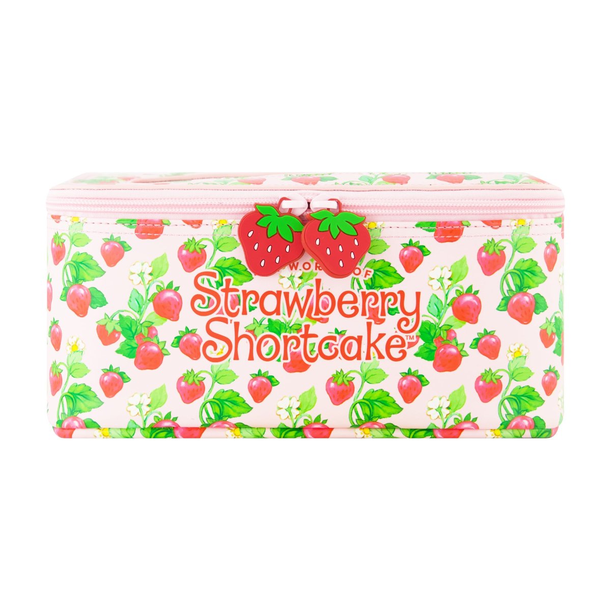 Multicolor Strawberry Shortcake 2-Piece Travel Cosmetic Case Set, featuring the Strawberry Shortcake includes a large cosmetic case and a smaller pouch, both adorned with a playful all-over strawberry print. Both pieces are perfect for keeping your beauty essentials, toiletries, and accessories organized on the go.
