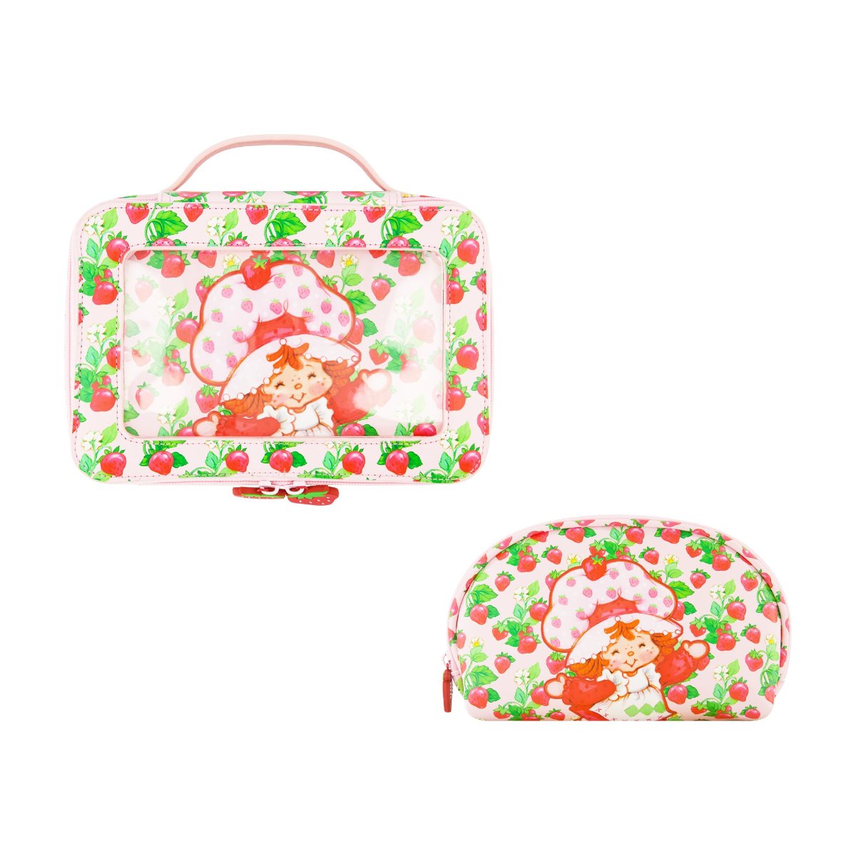 Multicolor Strawberry Shortcake 2-Piece Travel Cosmetic Case Set, featuring the Strawberry Shortcake includes a large cosmetic case and a smaller pouch, both adorned with a playful all-over strawberry print. Both pieces are perfect for keeping your beauty essentials, toiletries, and accessories organized on the go.