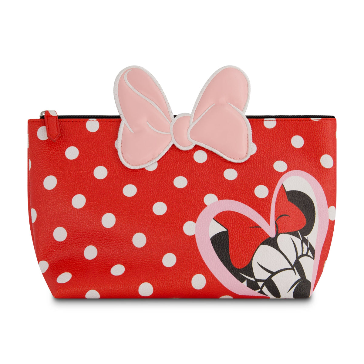 This adorable Minnie Mouse polka dot red cosmetic bag features Minnie's iconic red and white polka dot pattern, complete with a playful pink bow accent.