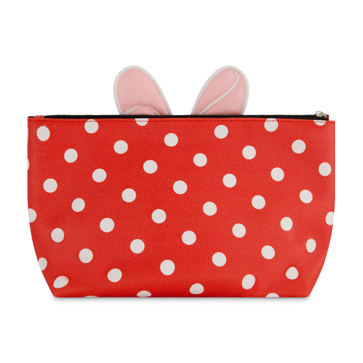 This adorable Minnie Mouse polka dot red cosmetic bag features Minnie's iconic red and white polka dot pattern, complete with a playful pink bow accent.