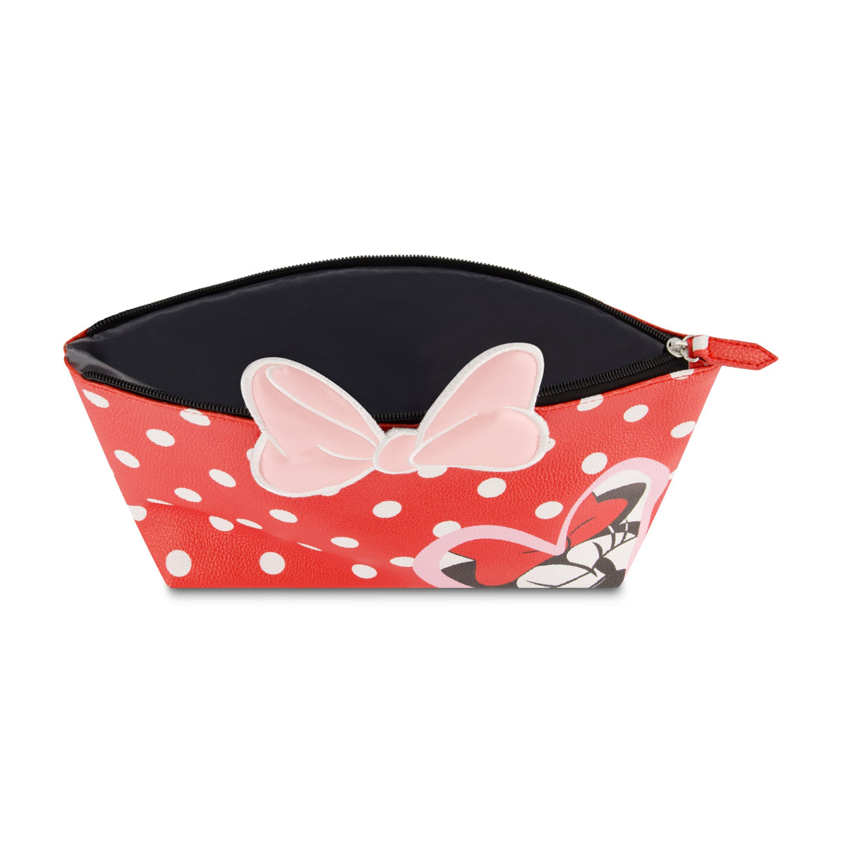 This adorable Minnie Mouse polka dot red cosmetic bag features Minnie's iconic red and white polka dot pattern, complete with a playful pink bow accent.