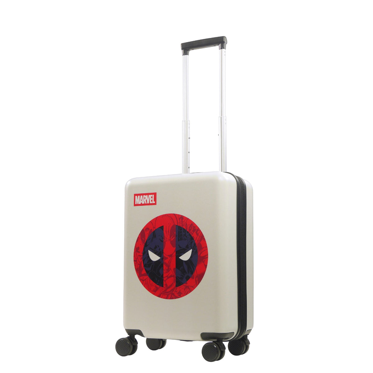 Officially licensed Marvel Deadpool 22.5" white carry-on luggage spinner suitcase featuring Deadpool's signature red & black color to his unmistakable logo.