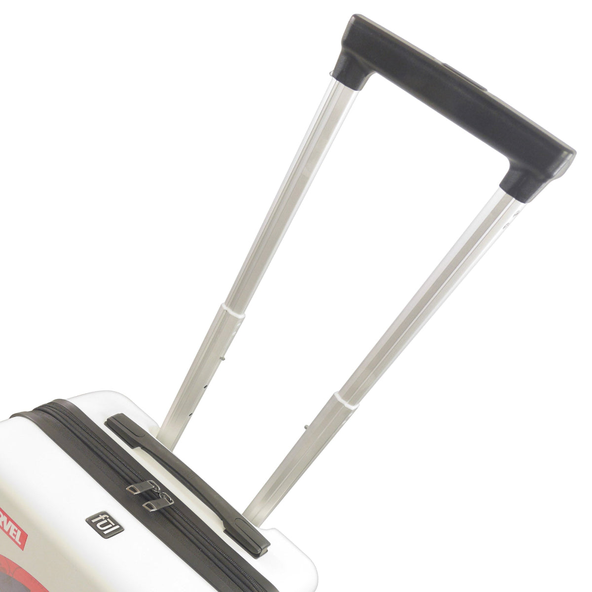 Officially licensed Marvel Deadpool 22.5" white carry-on luggage spinner suitcase featuring Deadpool's signature red & black color to his unmistakable logo.